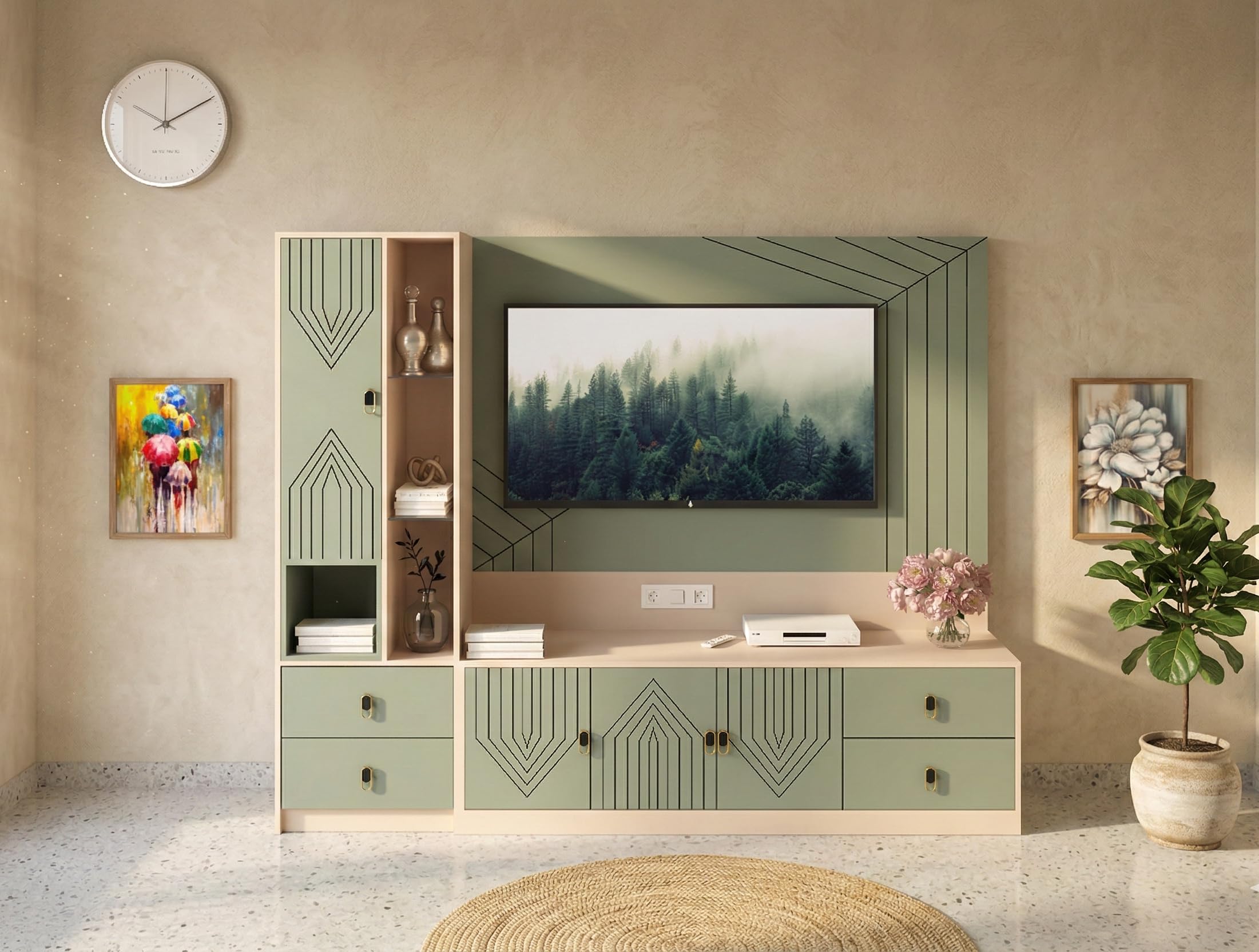 Red Apple RA512 LCD Unit 96x78x20 Inches Pista & Cream Finish Modern TV Entertainment Unit with Storage-image-25