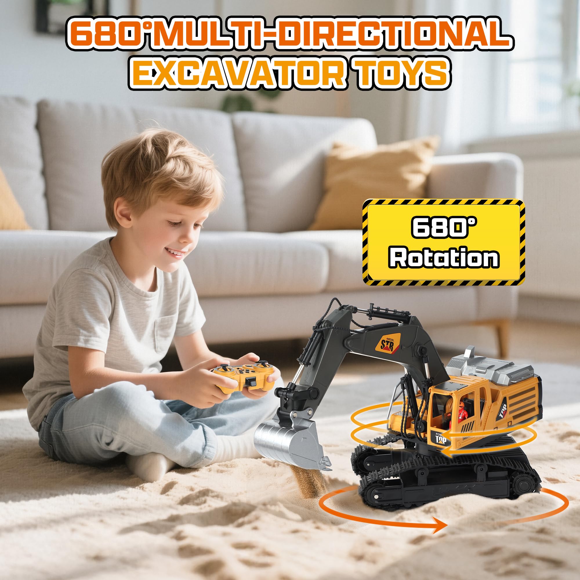 Pelleteuse Télécommandée Enfant Jouet RC Tractopelle Telecommandé Son Lumière, Pelle Métallique, Jouet Engin Chantier Cadeau Anniversaire Enfants 3 4 5 6 7 8 Ans