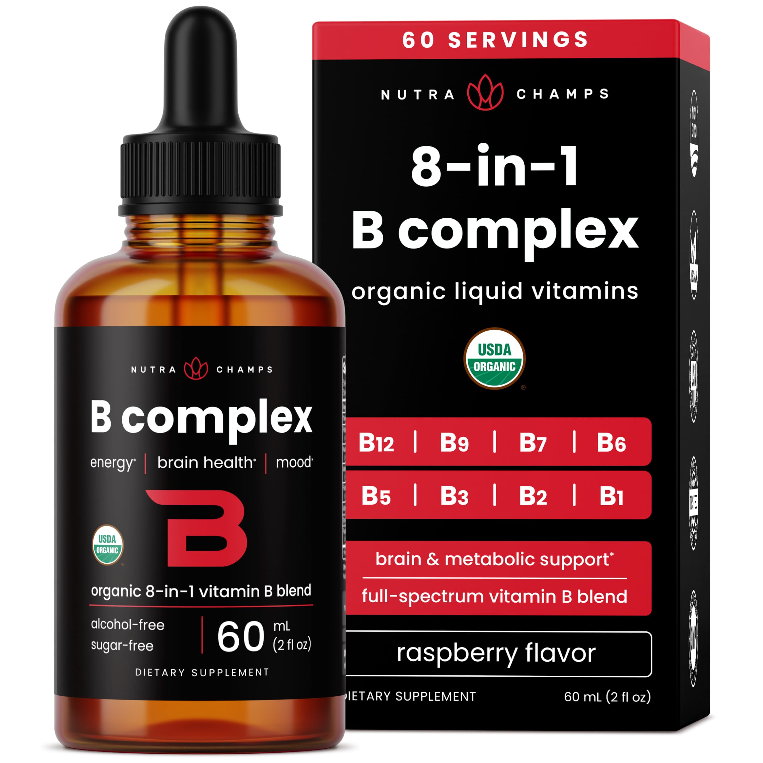 USDA Organic Vitamin B Complex Liquid Drops Sublingual B12 Methylcobalamin | B1, B2, B3, B5, B6, B7, B9 | Methylated B Vitamins Complex for Women & Men | Biotin, Niacinamide, Folate & Folic Acid, 2oz 2 Fl Oz (Pack of 1) Adults Drops
