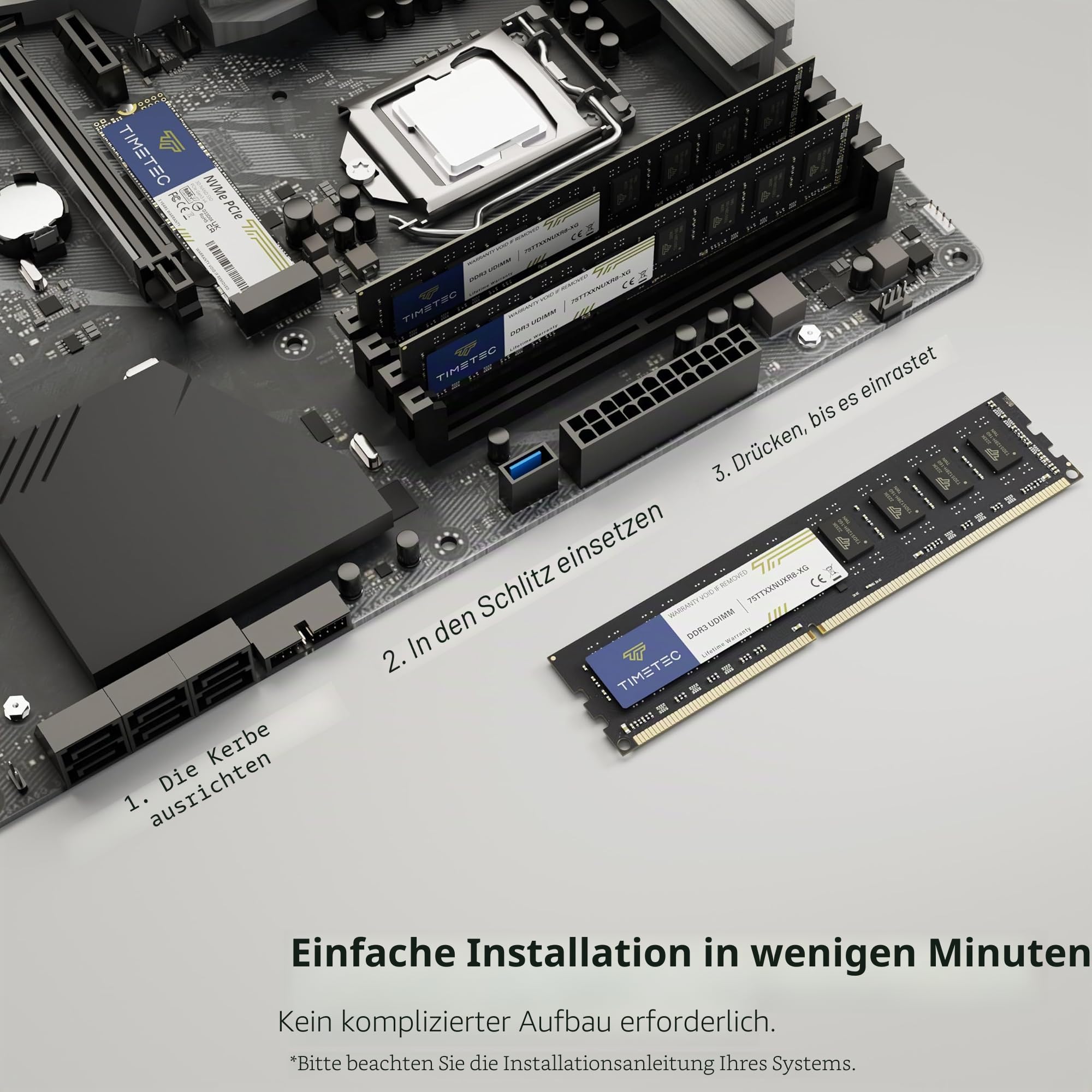 Timetec 8GB DDR3/DDR3L 1333MHz PC3-10600 Non-ECC Ungepuffert 1,5V/1,35V CL9 2Rx8 Dual Rank 240 Pin UDIMM Desktop-Speicher RAM-Modul-Upgrade