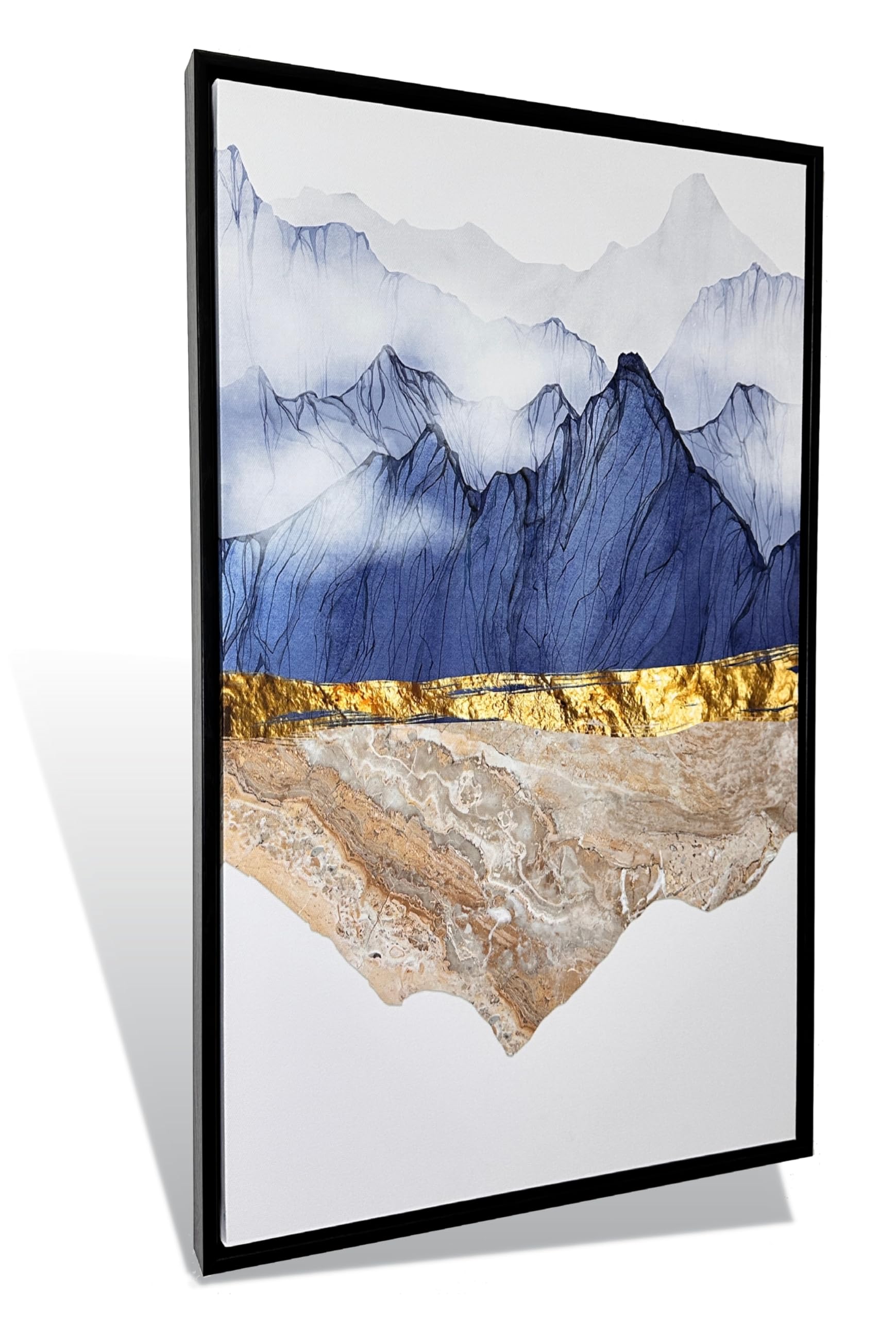 Framed Canvas Print Wall Art Mid Century Landscape Abstract Blue Gold Wilderness Illustrations Modern Art Decorative Minimalist Boho Nature for Living Room, Bedroom, Office - 16"x24”