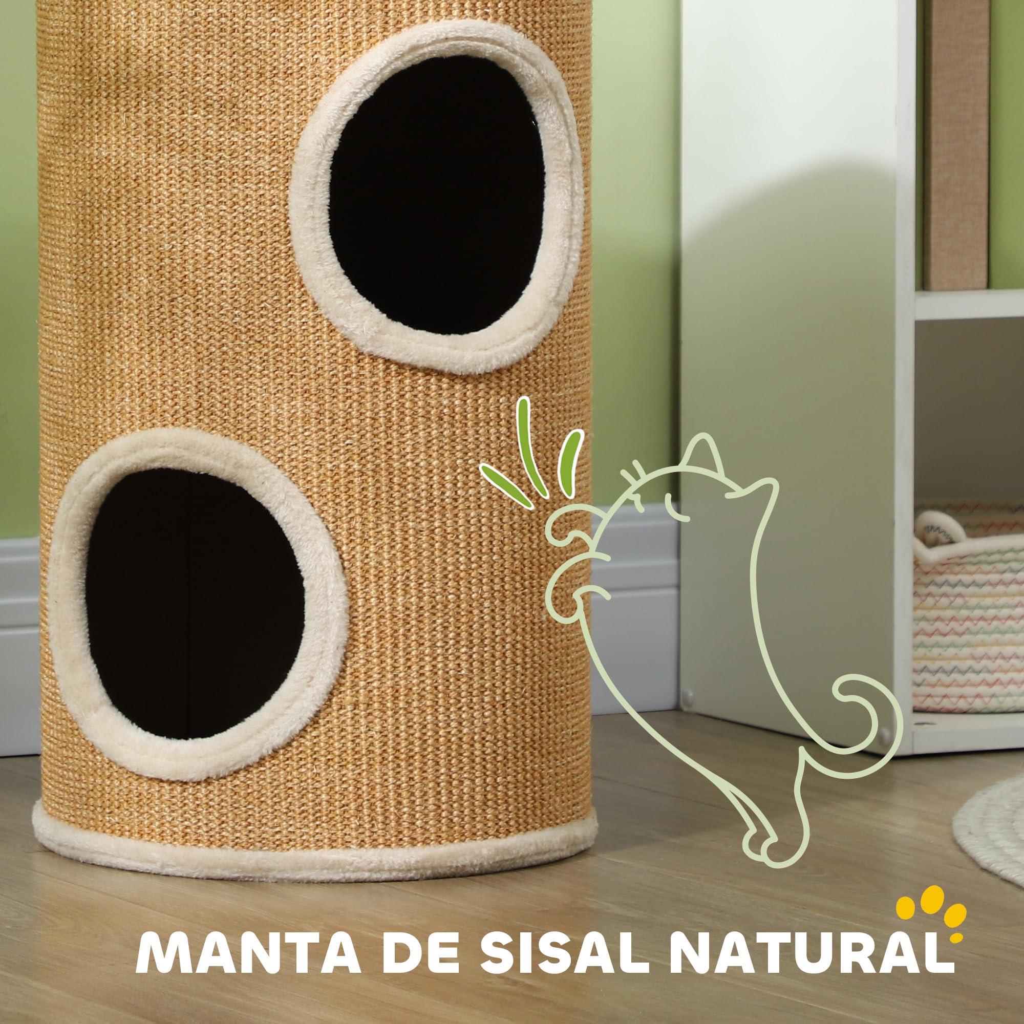 PawHut Barril Rascador para Gatos 60 cm de Altura, Tonel de Escalada con 2 Cuevas y Cubierta de Sisal, Torre Rascador para Gatos, Ø35x60 cm, Marrón y Beige