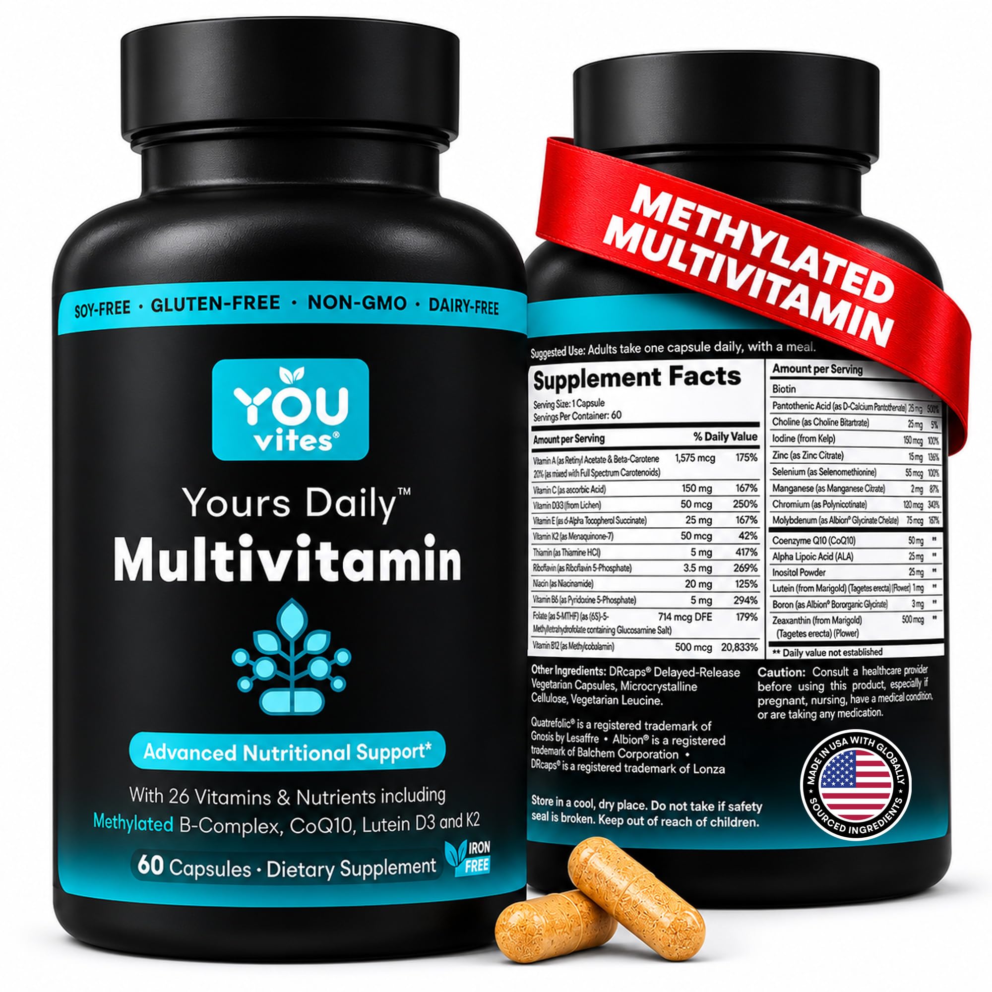 Methylated Multivitamin for Men and Women, Methyl Multi Without Iron - 60 Capsules, MTHFR Supplement with Methyl B12, Methylfolate (5-MTHF), CoQ10 for Energy, Heart and Mood Support