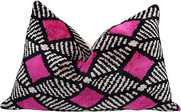 Canvello Handmade Velvet Throw Pillow - 16"x24" Luxury Down Feather Cushion with Geometric Abstract Design in Hot Pink and Black - Decorative Cushion for Sofa, Couch, Bedroom