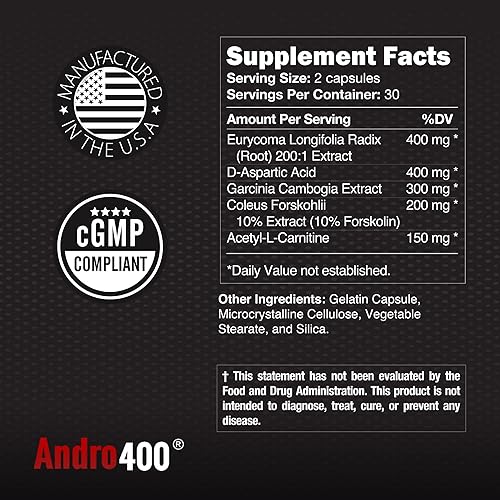 Miniatura 8 de Andro400 UltraMax T - Soporte avanzado de testosterona para hombres y mujeres - Tongkat Ali 200 1, ácido D-aspártico, Garcinia Cambogia, ForsLean -