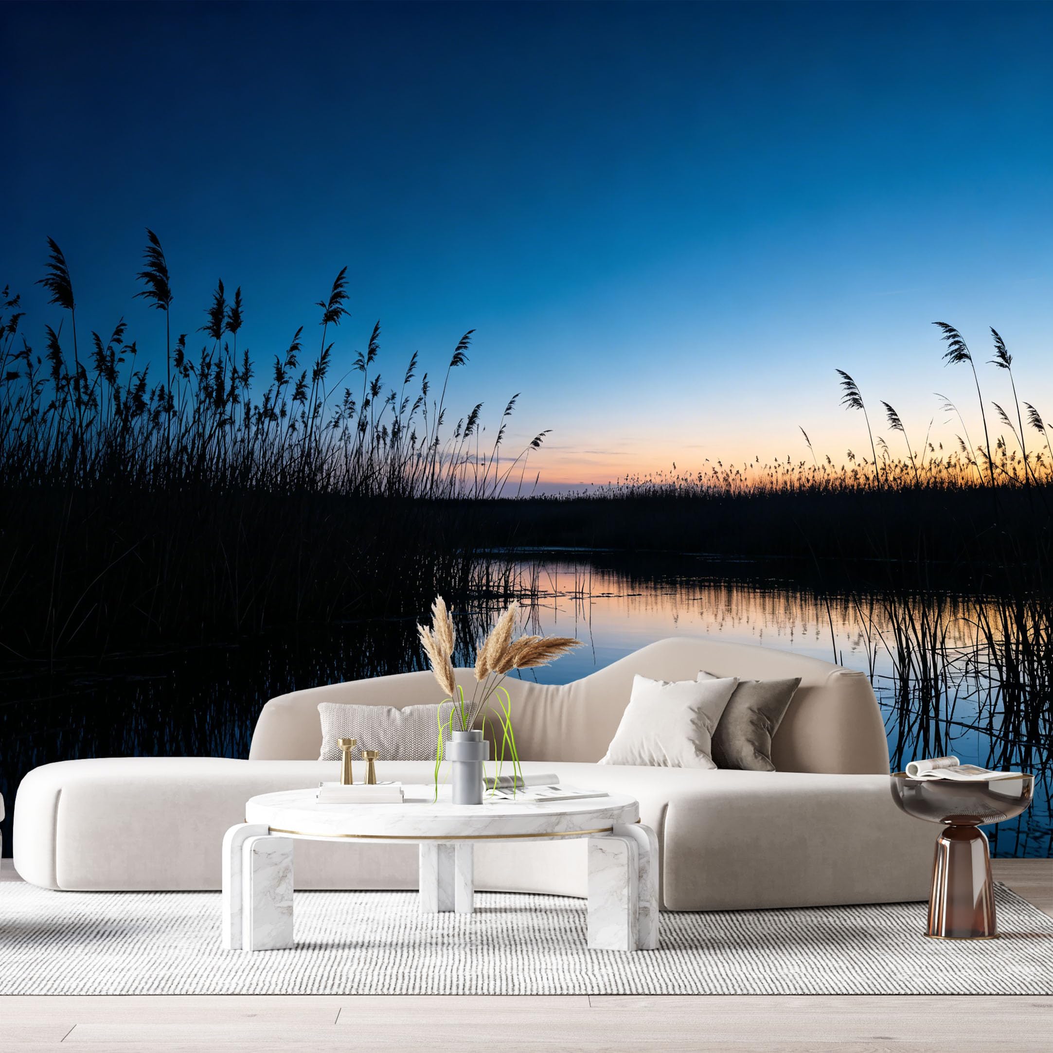 Custom Size Wall Murals Sunset Lake Landscape Water Reflection Reeds Silhouette SelfAdhesive Wall Fabric Removable Large Wallpaper for Photo Living Room