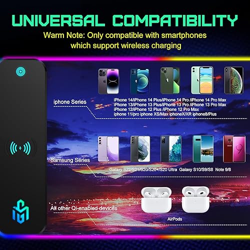 Miniatura 6 de GIM Alfombrilla de mouse para juegos RGB de carga inalámbrica de 15 W, alfombrilla de mouse LED de 31.496 x 11.811 x 0.157 in, 10 modos de luz,