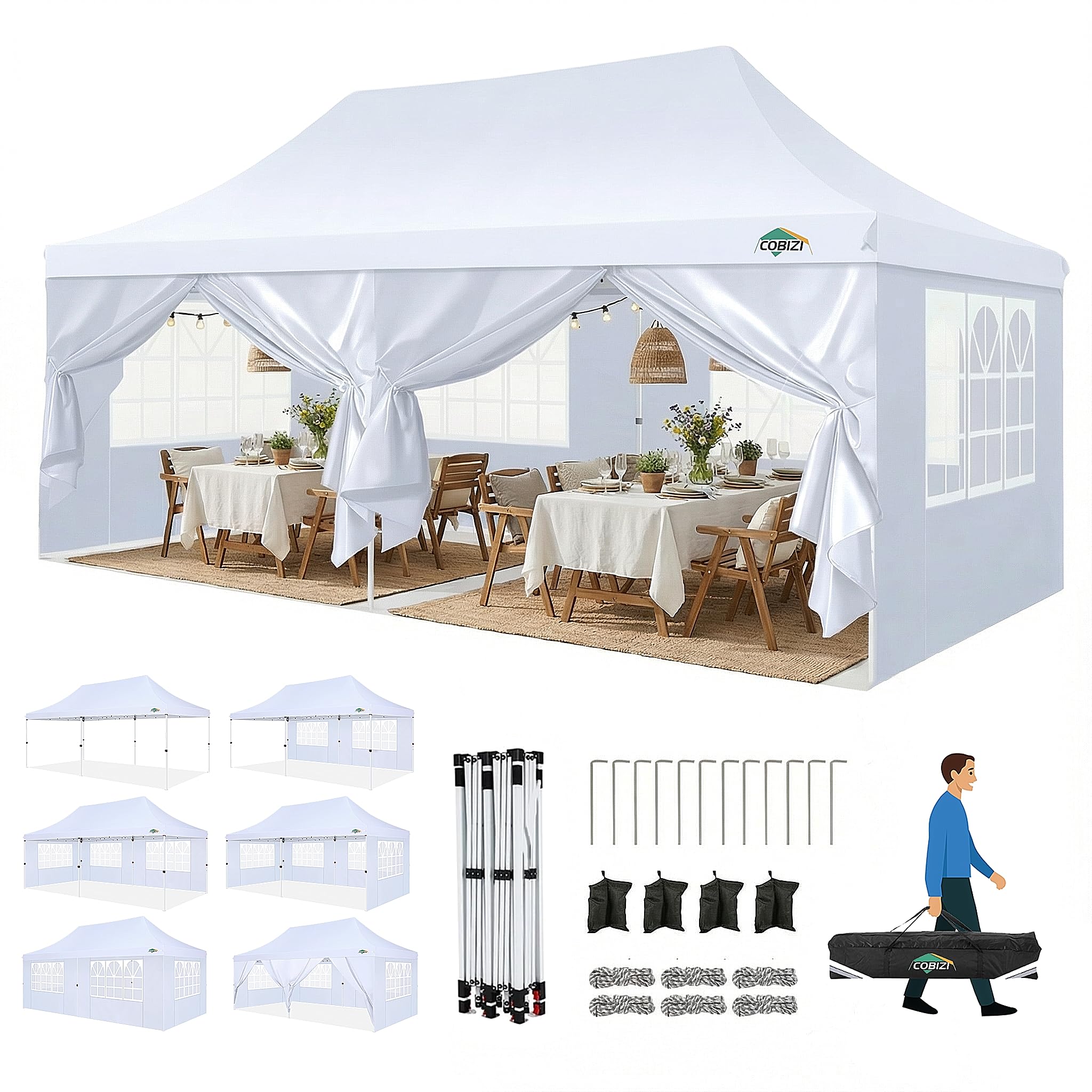 COBIZI Canopy 10x20 Pop Up Tent with Sidewalls, Waterproof Commercial Canopy Ez Outdoor Instant Gazebo UV Protection 50+ Event Shelter, Garden Tents for Parties with Sandbags, White