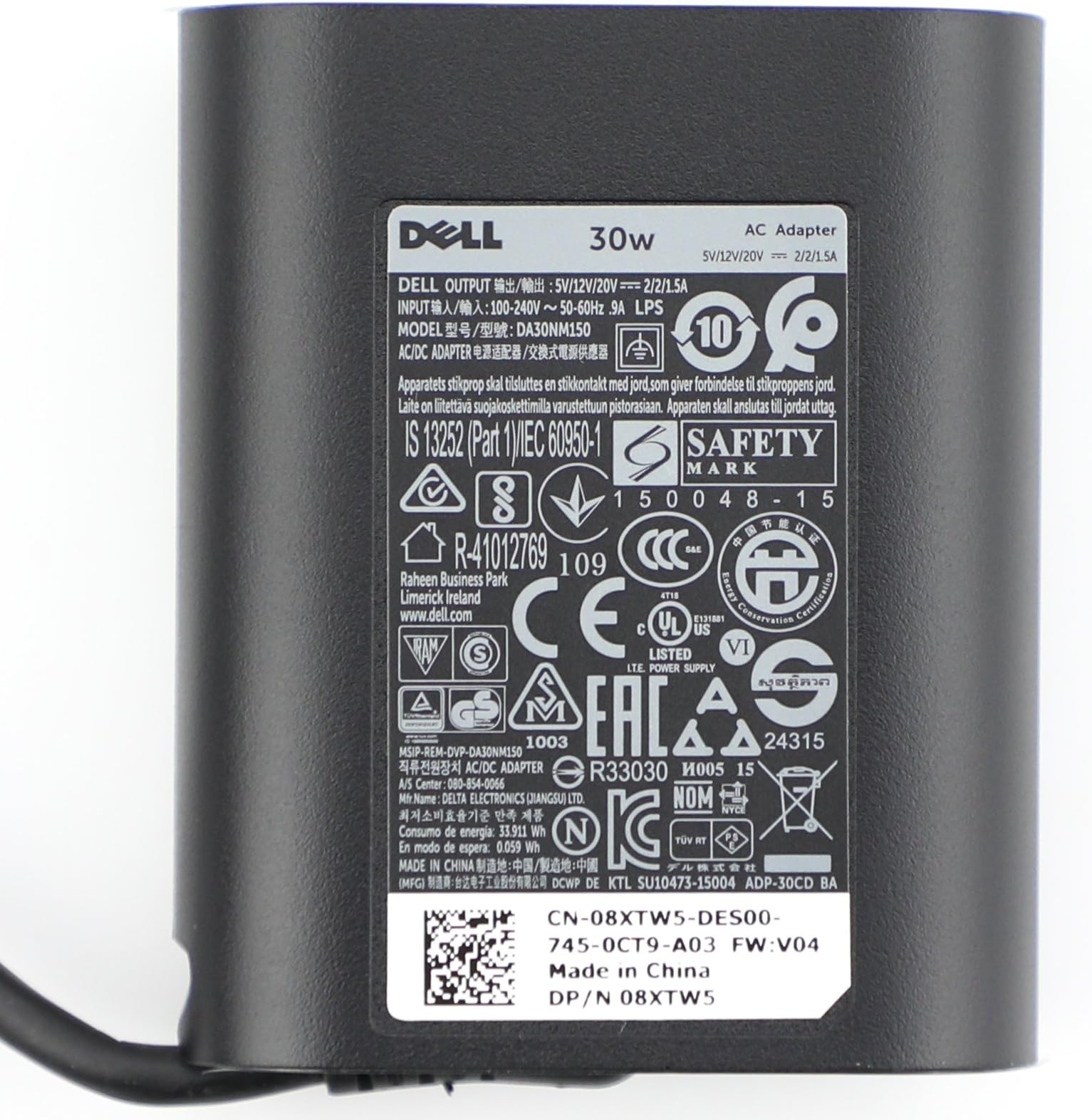 New Original Dell 30W USB-C(Type C) AC Adapter, Power Supply Charger for Dell XPS12(9250),Dell Latitude 7275 5175 Venue 8 (5855)