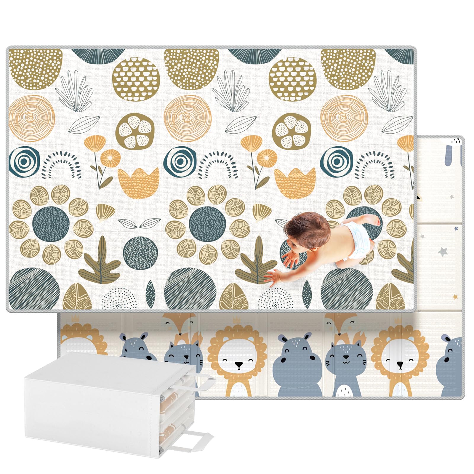Krabbelmatte Baby Faltbar mit Tragetasche - Spielmatte Baby 200x130x1cm, Babymatte Krabbelmatte, Matte Kinderzimmer Boden Wasserfest und Leicht zu Reinigen Spielmatte