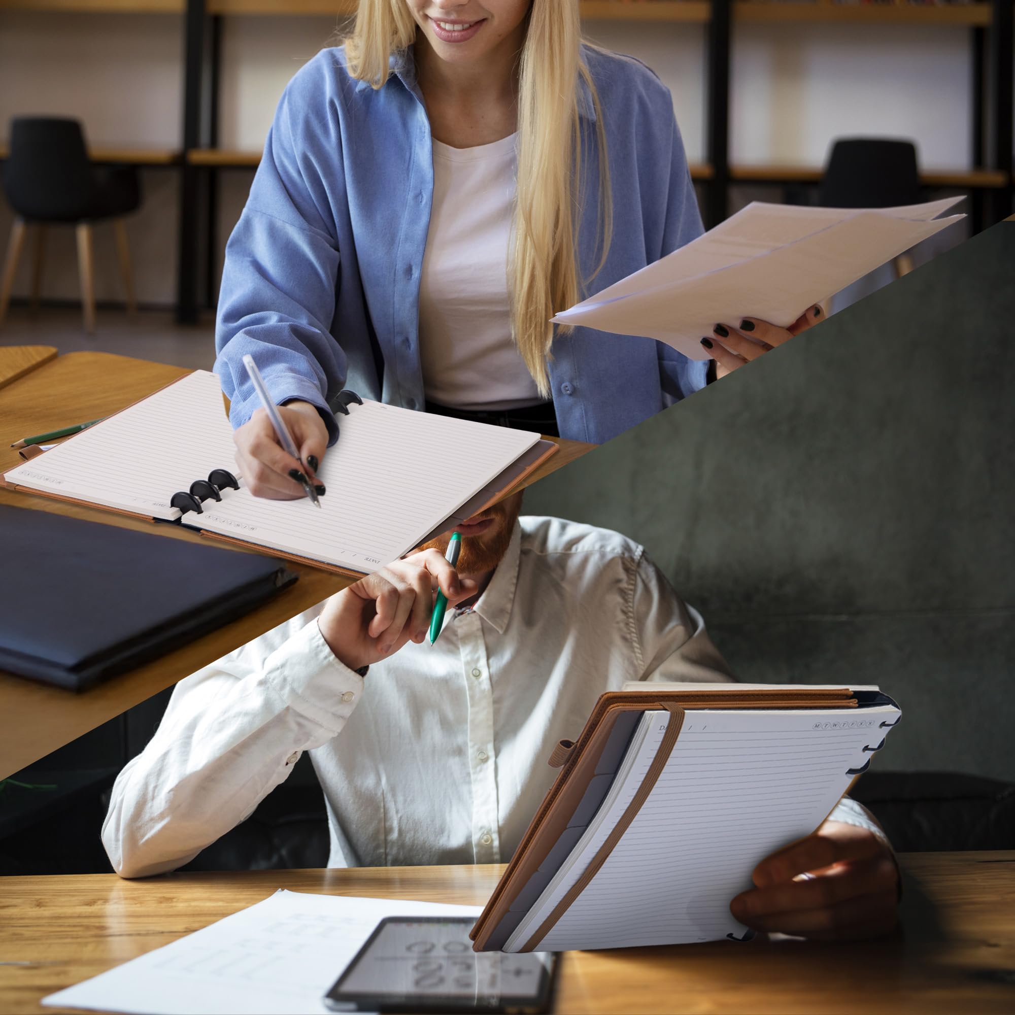 Cuadernos recargables para trabajo encuadernados en disco: cuaderno de tapa dura con 5 temas separadores, pestañas separables, diario grande con rayas universitarias, diario grande para escribir