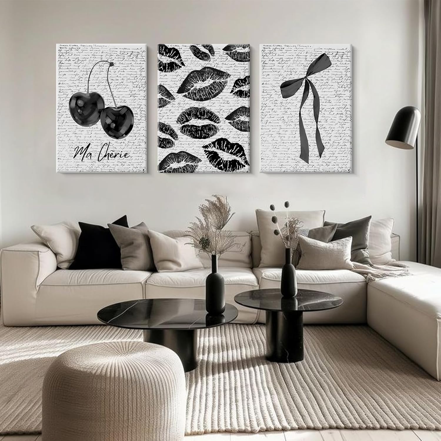 Black White Aesthetic Wall Art Coquette Bow Fashion Canvas Wall Decor Preppy Cherry Posters Vintage Girl Room Decor Bow Pictures Trendy Lips Kiss Prints for Girly Bedroom 12x16 Inch Ready to Hang 3pcs