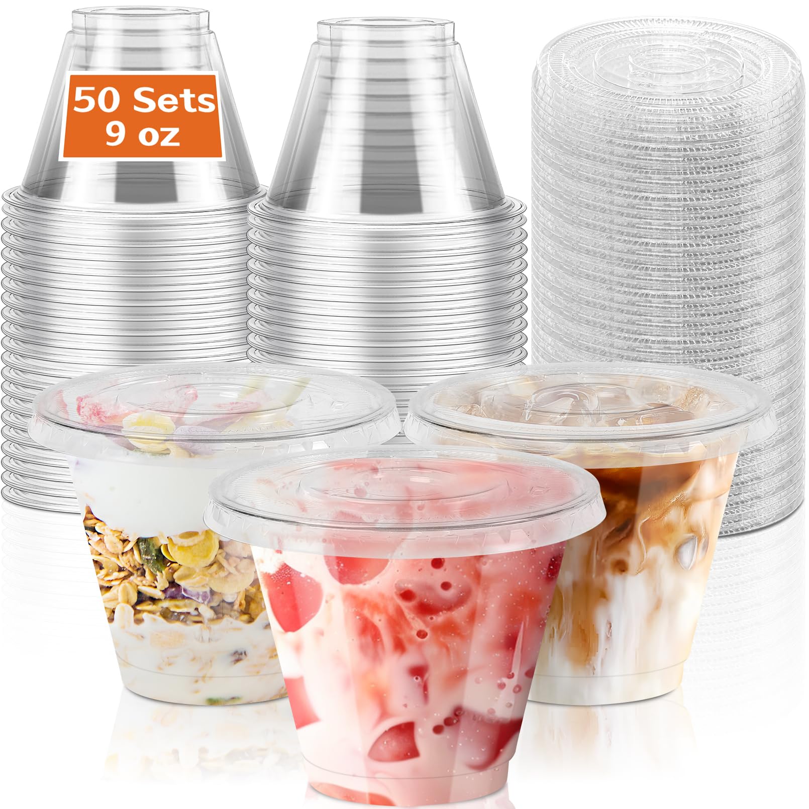 50 Pack 9 oz Clear Plastic Cups with Flat Lids, Disposable Plastic Cups with Lids No Hole, Small Dessert Cup for Ice Cream, Cold Drinks, Yogurt Parfait, Fruit, Snacks, Pudding, Smoothie