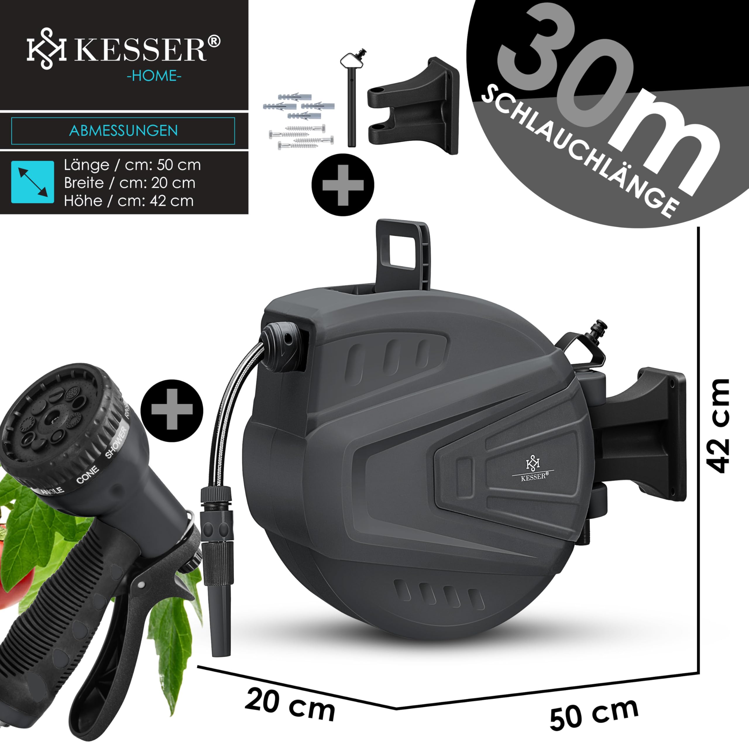 KESSER® automatische Schlauchtrommel 30 m + 2 m, Wand Schlauchbox mit Aufrollautomatik, Schlauchaufroller mit Gartenschlauch, 180° schwenkbar + Multi Handbrause mit 9 Modi, inkl. 2 Aufsätze, Anthrazit