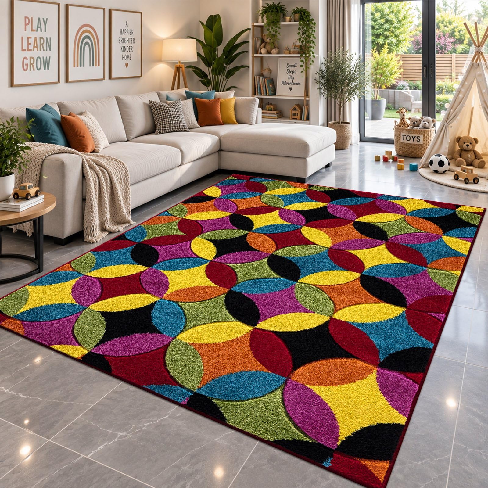 cozily® Medium Pile Large Jute Rug for Living Room Carpet, Multicoloured Rug for Bedroom - 200 x 290 cm, Circle Bright - Washable Large Rugs for Lounge, Sitting & Dining Room