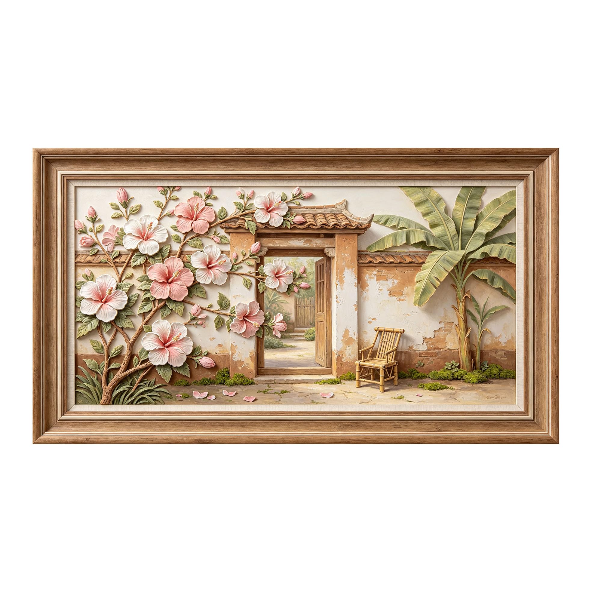 Murasolite 3D Framed Wall Art Tropical Floral Courtyard Botanical Oil Painting SelfAdhesive Fabric Mural Wall Decor， Peel and Stick No Damage to Wall， AntiFall Safe Design for Bedroom Living Room