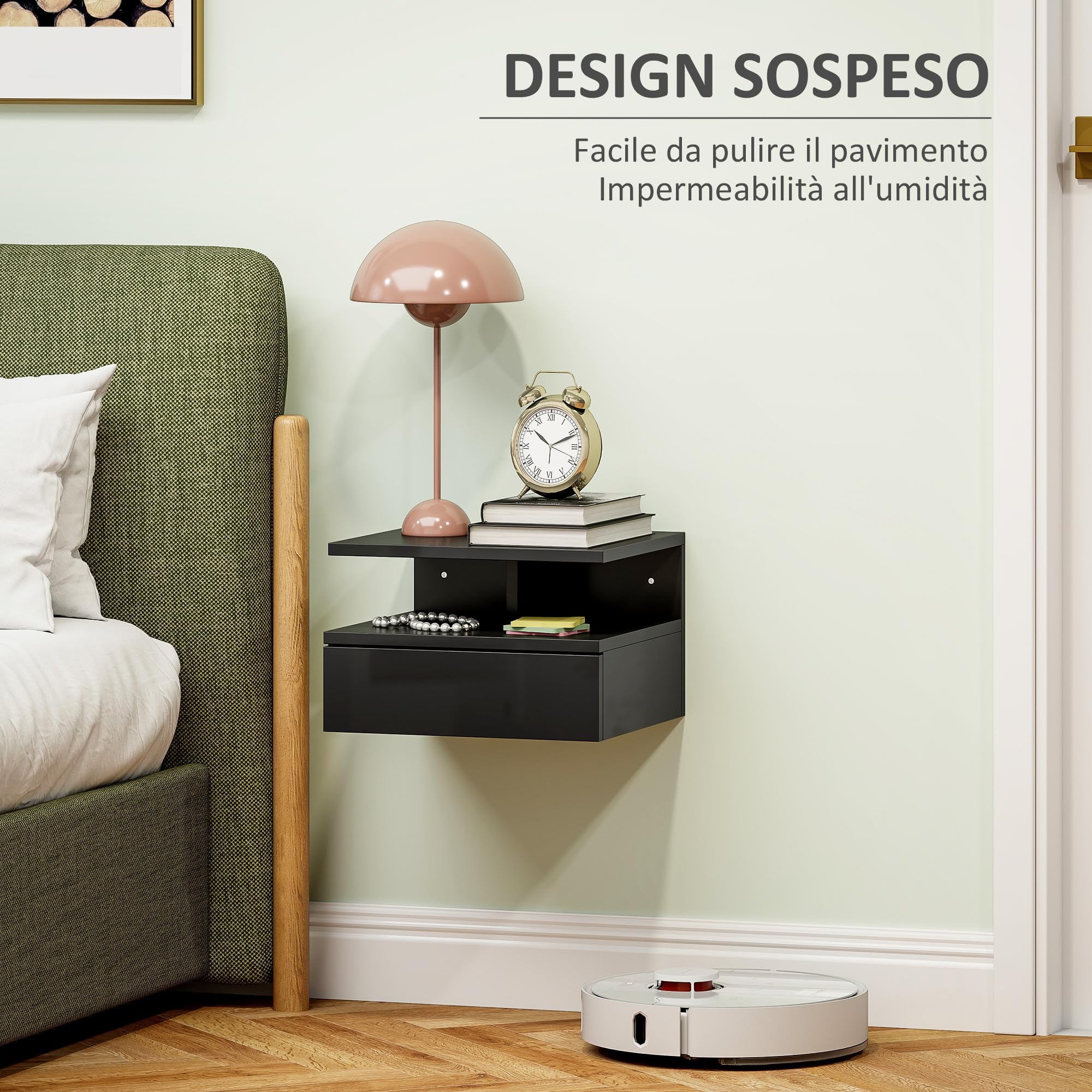 HOMCOM Comodino Sospeso Salvaspazio 35x32x22.5cm Nero Lucido