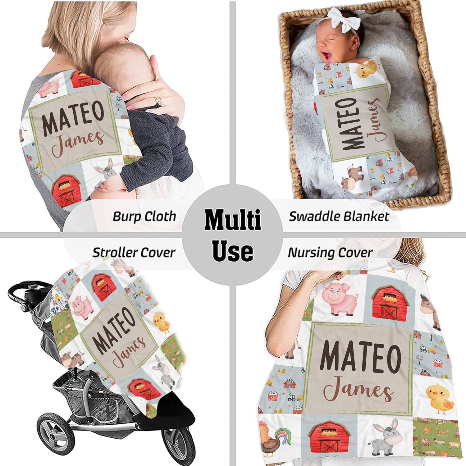 Personalized Farm Animals & Barn Baby Blanket, Custom Cozy Fleece Farmyard Swaddle, Soft Embroidered Name Wrap, Rustic Farmhouse Nursery Decor, Unique Gift for Newborns & Infants