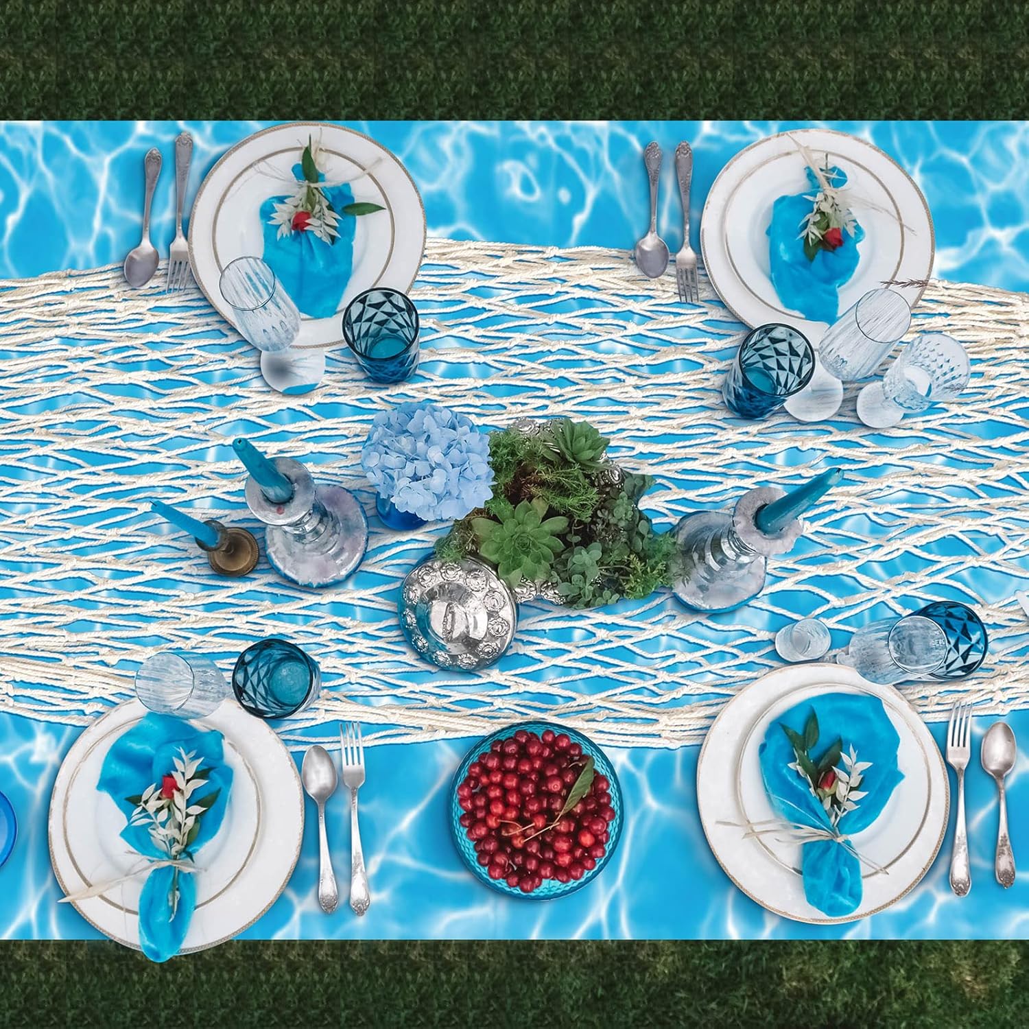Fumete 12 Pcs Fish Net Decorative Plastic Tablecloth Set, 6 Cotton Fishnet and 6 Water Waves Ocean Themed Party Table Cover for Nautical Birthday Baby Shower Pirate Party Supplies(Ocean Blue)