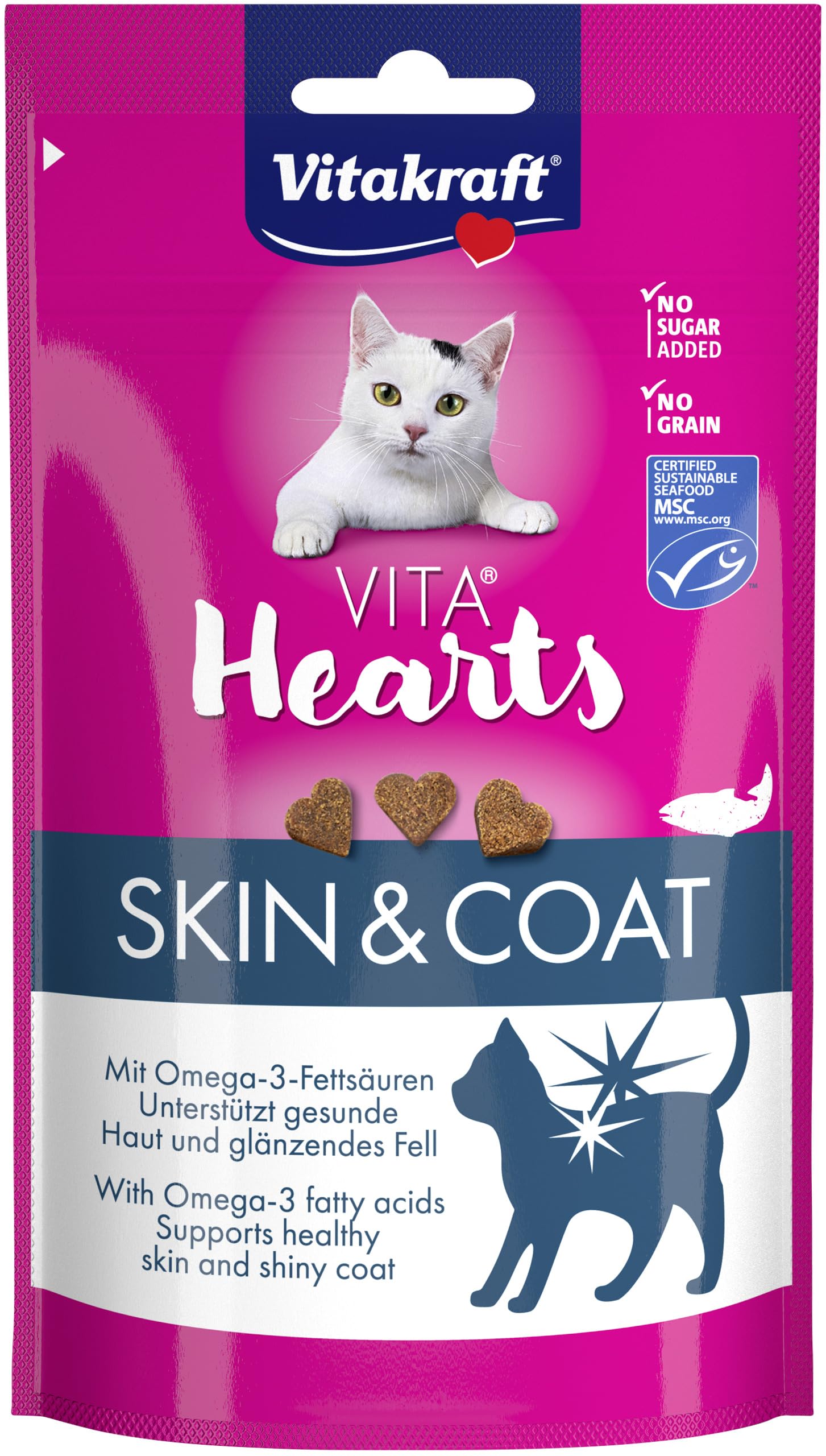Vitakraft Vita Hearts, Skin and Coat, Softer Katzensnack, für Fell und Haut, mit Lachs (1x 40g)