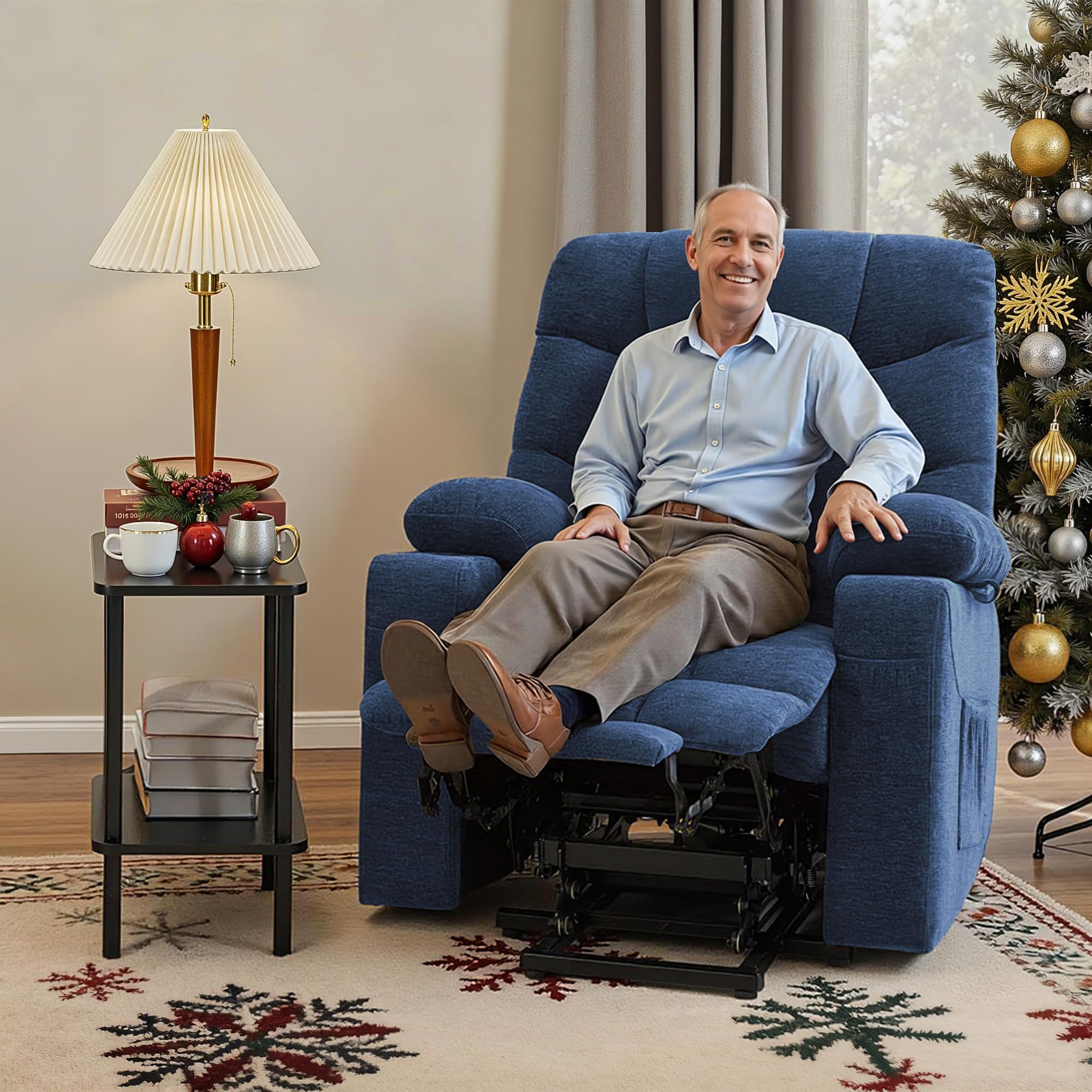 MCombo Power Lift Recliner Chair with Extended Footrest for Elderly People, Fabric 7283 (Navy Blue, Large)