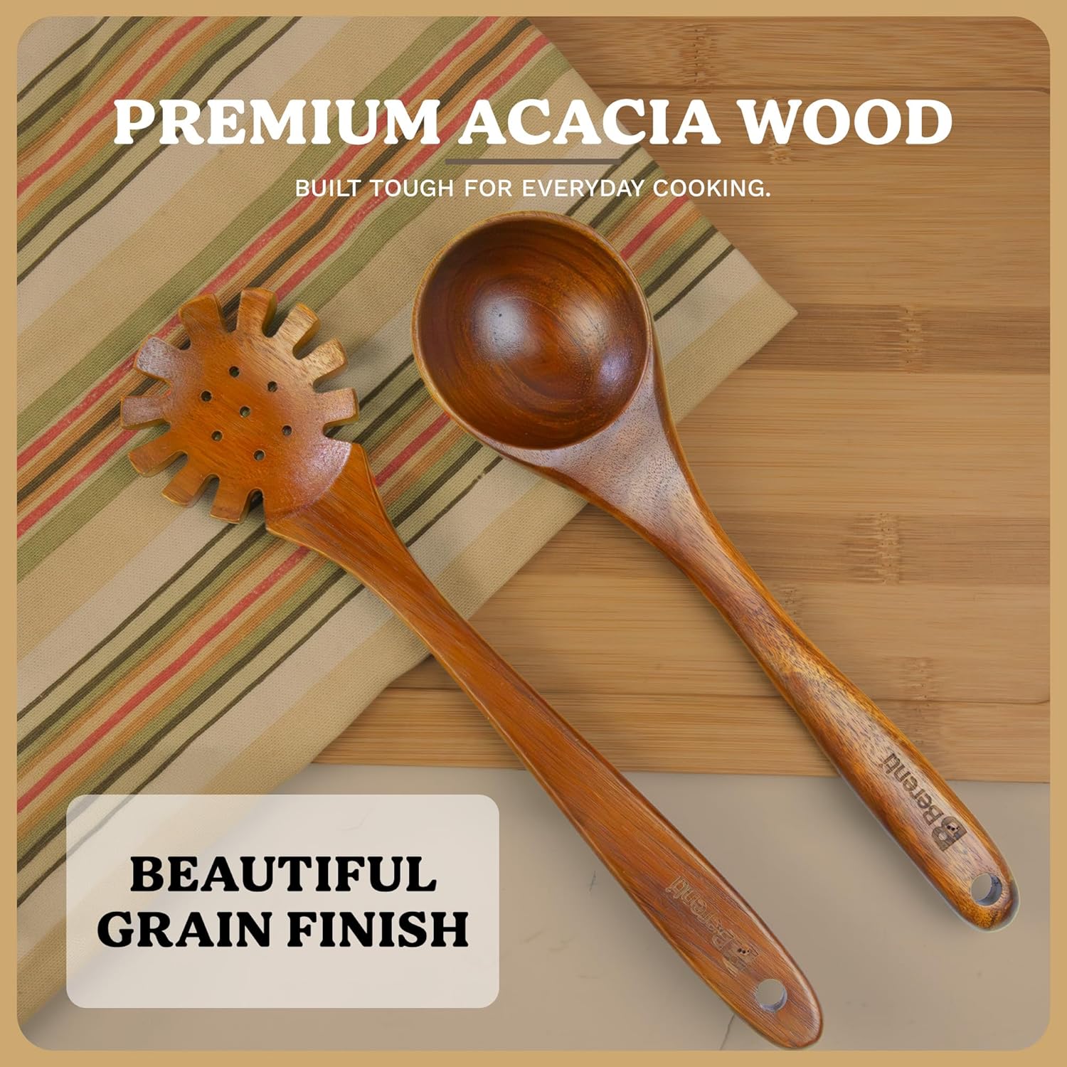 Wooden Spoons for Cooking – 7-Piece Acacia Wood Kitchen Utensil Set, Wooden Spurtles & Paddle Tools, Nonstick Safe Cooking Utensils Set Wood for Everyday Kitchen Use - Image 4
