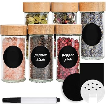 Round Spice Jars [6 x 100 ml] Labels for Labelling Bamboo Lids Spice Container with Wooden Lids & Accessories Spice Jars Round Set of 6 Spice Storage Spice Organiser