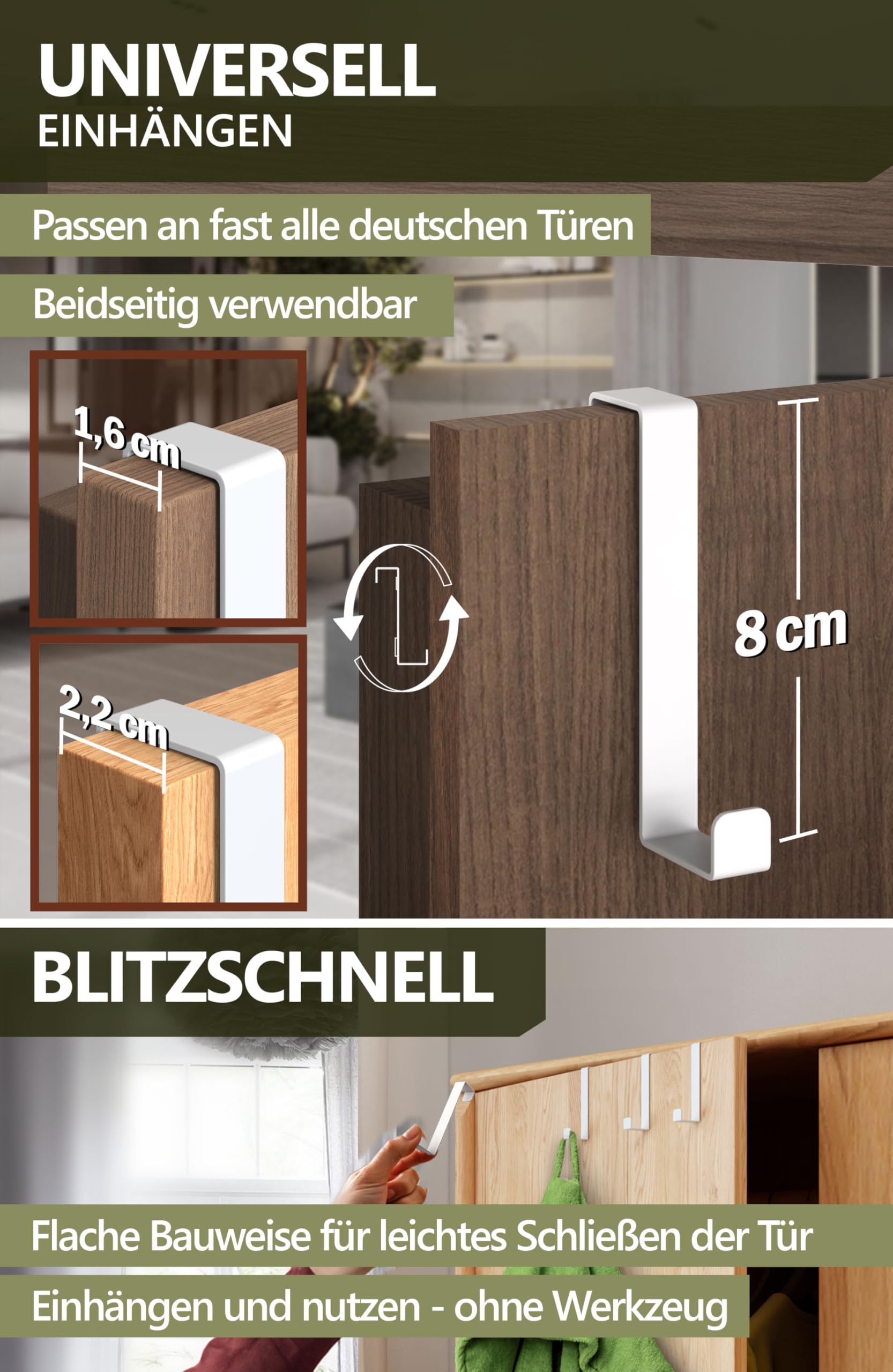 Ganci Appendiabiti Da Porta - 4 Pezzi, Acciaio Inox, Bianchi, Adesivo 3M, No Fori - Foto 6