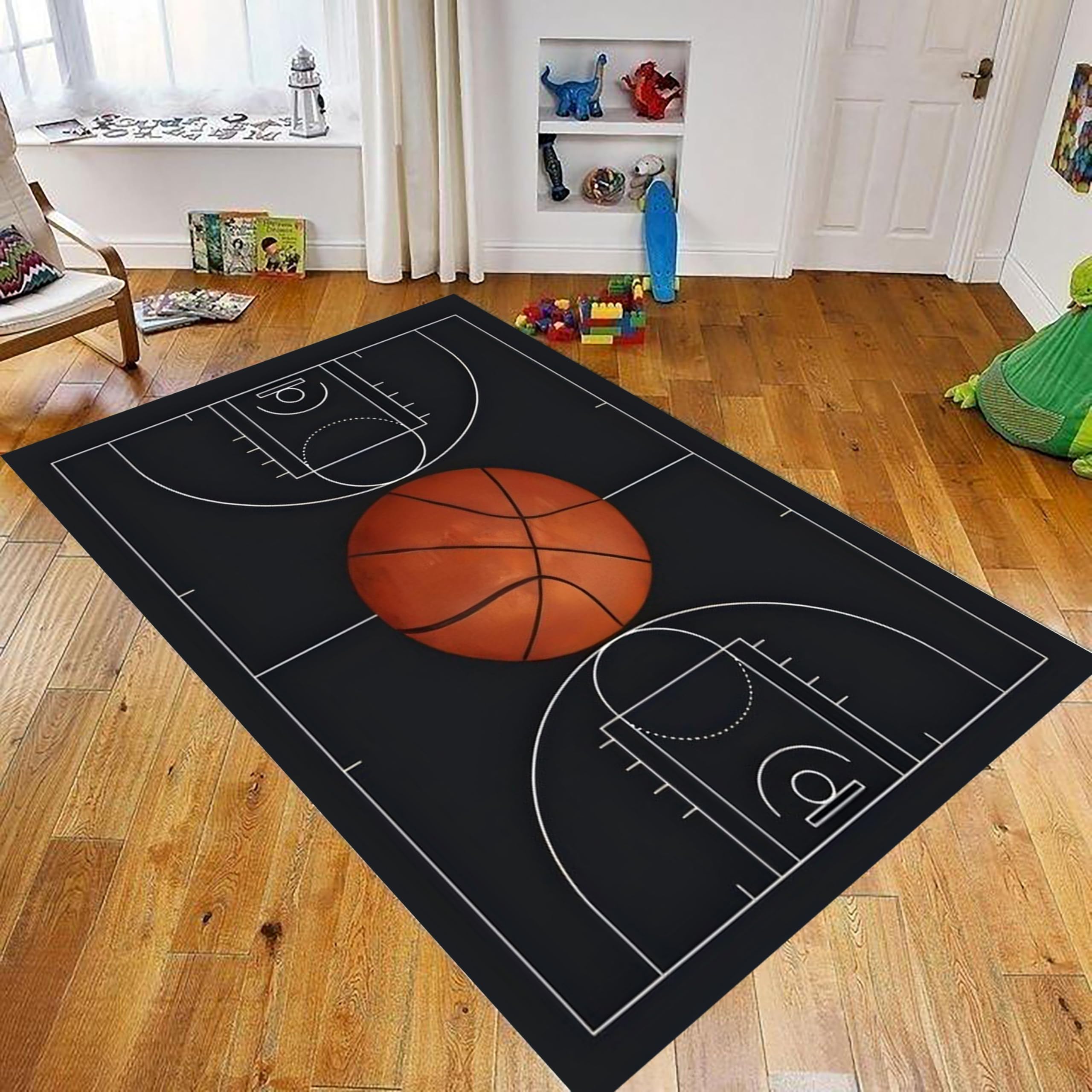 Basketball Teppich 70x140cm für Kinderzimmer & Wohnzimmer – Sportlicher Rutschfester Spielteppich in Schwarz ，Leicht zu Reinigen ， Ideal für Spielzimmer & Eingangsbereich