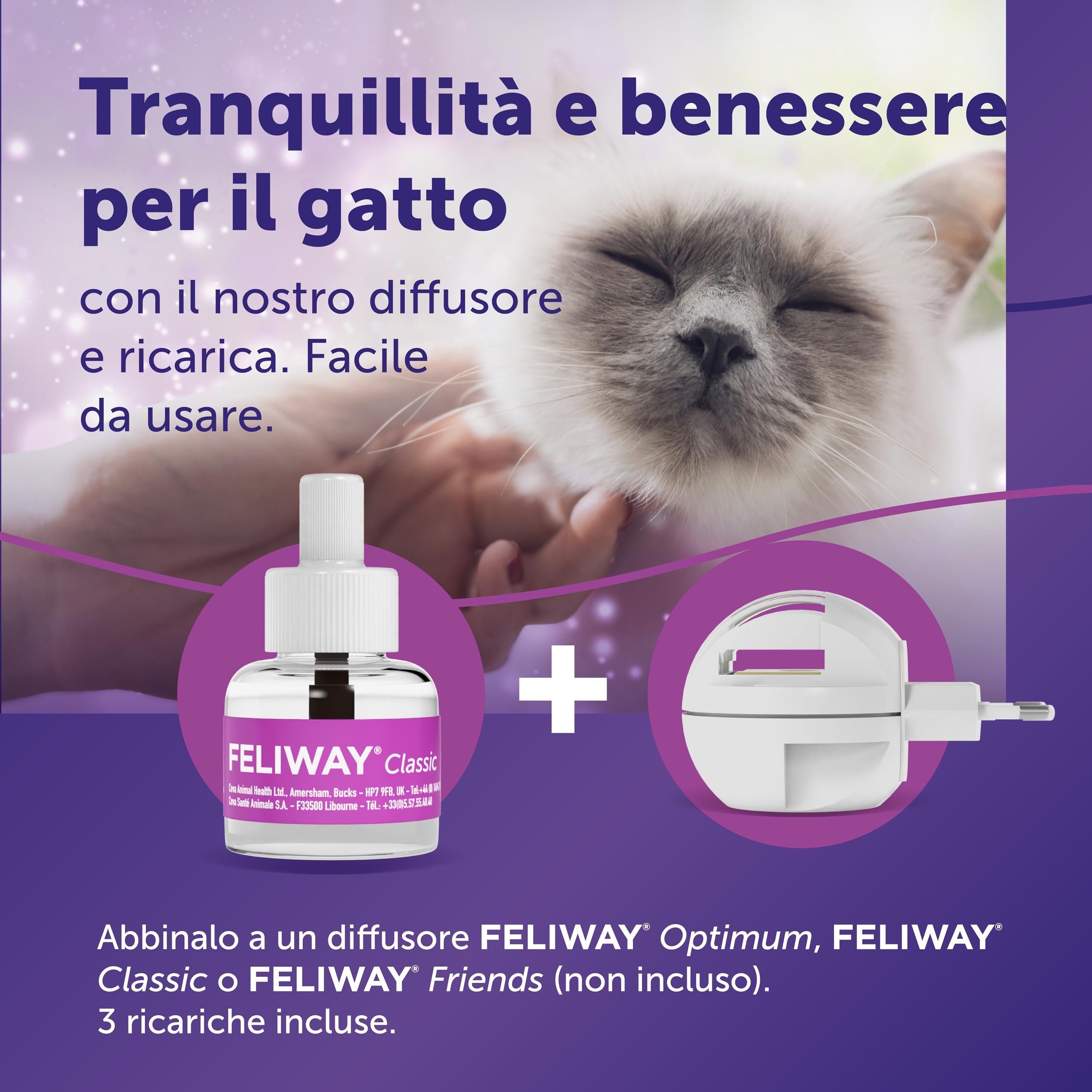 FELIWAY Classic 3x30 Giorni di Ricariche Calmanti per Diffusore di Feromoni, Confezione da 3x48 ml – Aiuta a risolvere i segni comuni di stress nei gatti e gattini, Raccomandato dai Veterinari
