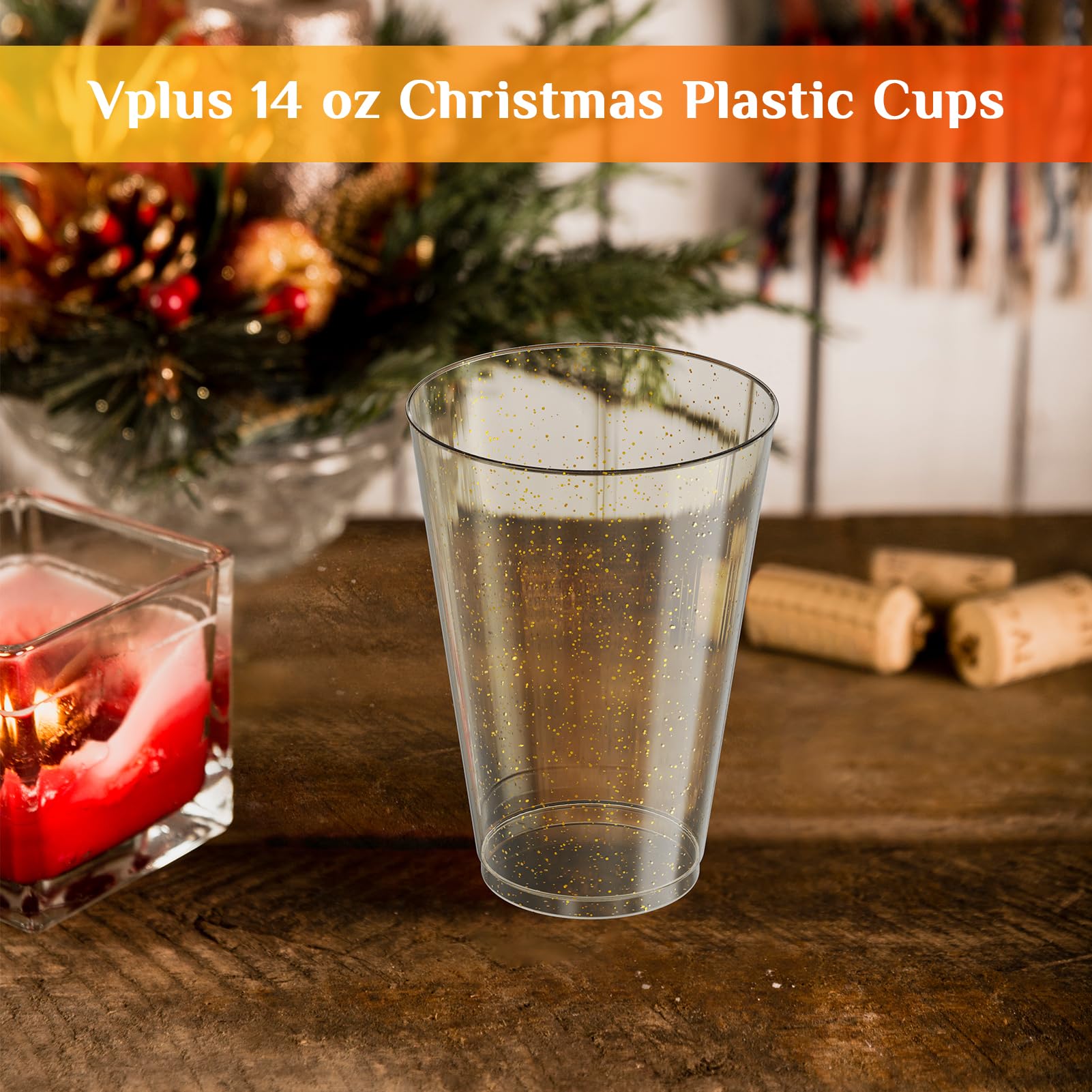 Vplus 100 x große, robuste Kunststoffbecher mit goldenem Glitzer, 14 Unzen, Einweg-Kunststoffbecher, elegante Gläser für Hochzeit, Geburtstag, Weihnachten, Party