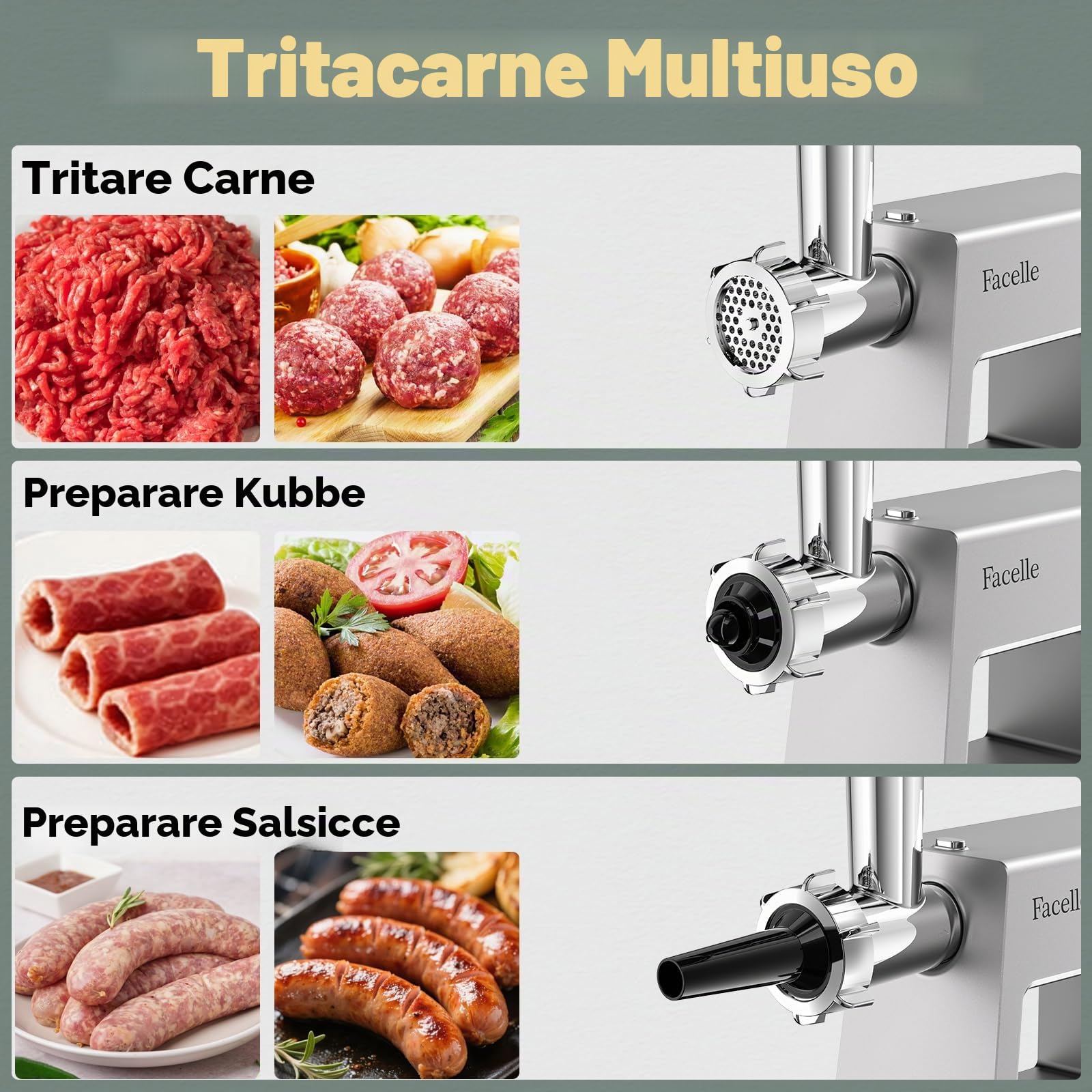 Facelle Tritacarne Elettrico per un Uso Familiare, 2000 W Max, con 3 Piastre Abrasive in Acciaio Inox, 1 Cubo e 1 Tubo di Riempimento per Salsicce, Tritacarne per Hamburger, Kibbeh e Cibo per Cani