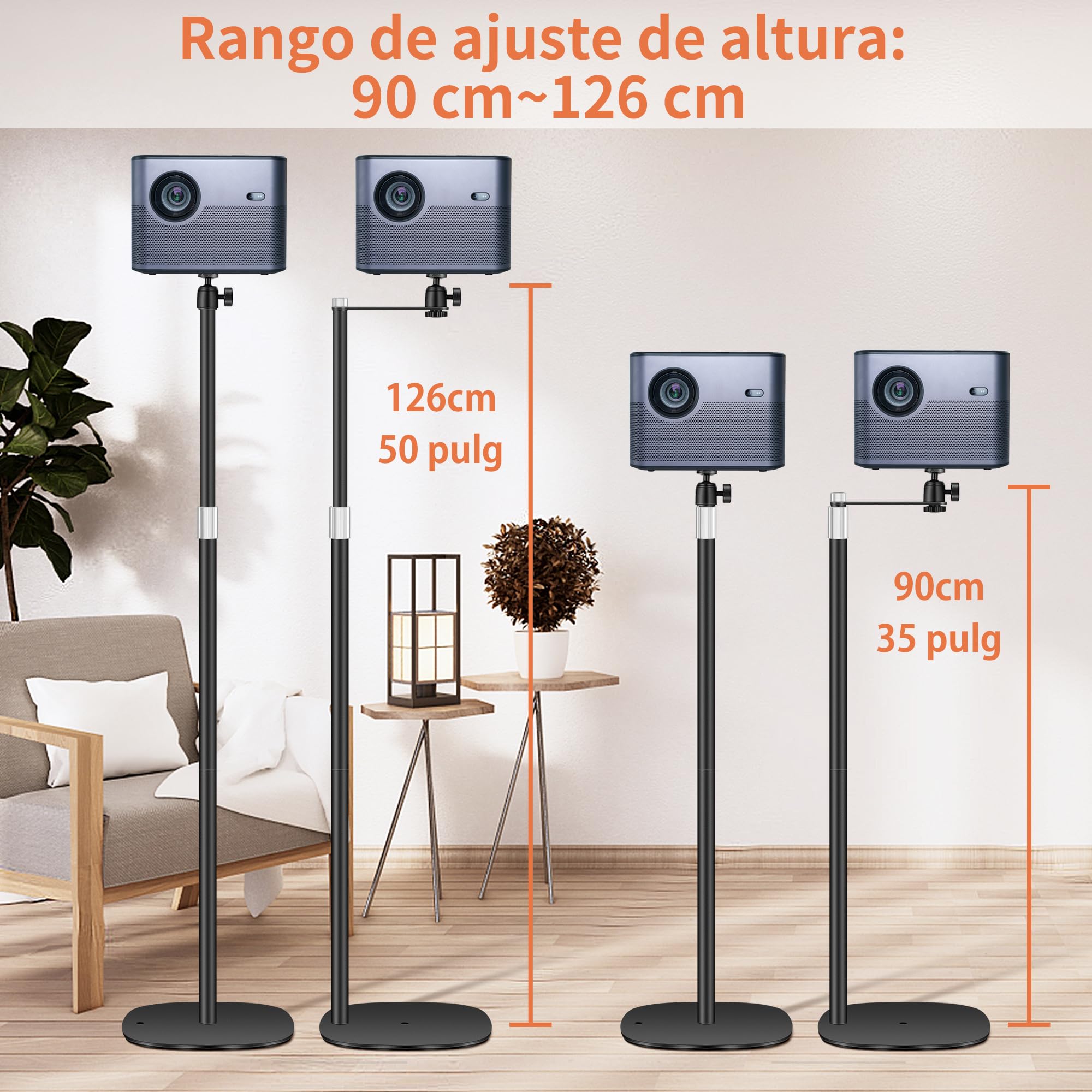 Soporte de Proyector de Metal, Altura Ajustable 90-126cm con Rotación de Ángulo de 360°, Ahorro de Espacio, Soporta hasta 5 kg, Compatible con Proyectores, Cámaras, Videocámaras y Más