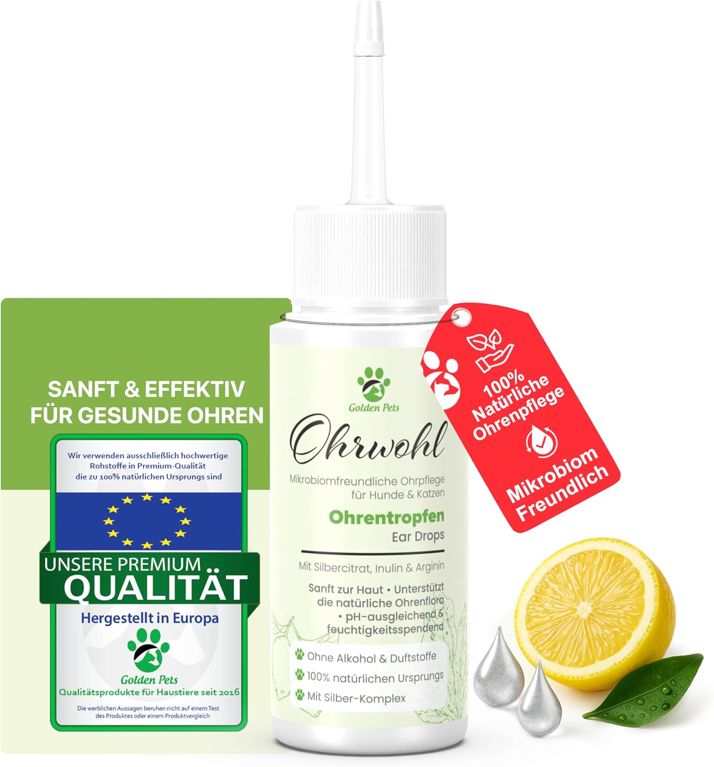 Golden Pets Ear Drops for Dogs and Cats I For Ear Inflammation Itching Germs & Fungi I With Silver Citrate & Inulin I Alcohol-Free & 100% Natural I Ear Hygiene 50 ml