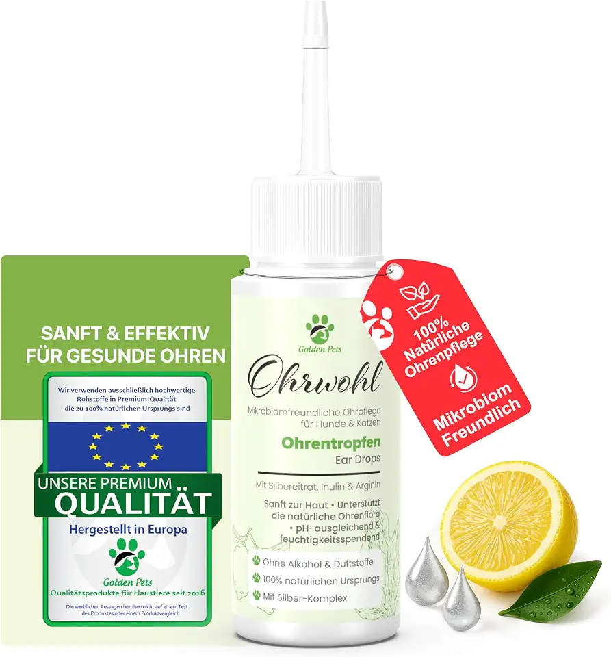 Golden Pets NEU! Ohrentropfen für Hunde & Katzen – Sanfte Pflege bei Juckreiz & Entzündung – 100% natürliche Ohrenhygiene mit Silbercitrat & Inulin – Mikrobiomfreundlich & Alkoholfrei, 50ml