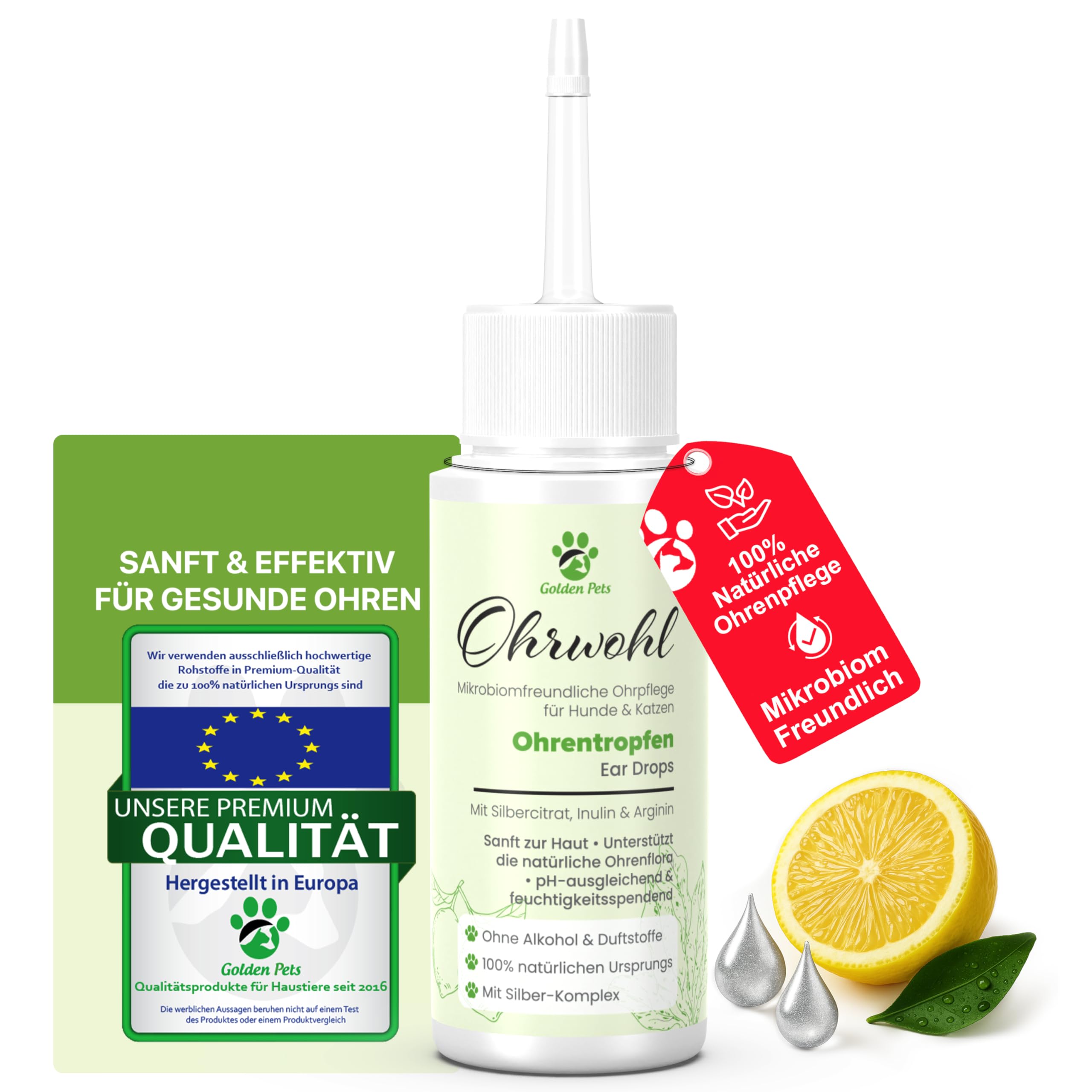 Golden Pets NEU! Ohrentropfen für Hunde & Katzen – Sanfte Pflege bei Juckreiz & Entzündung – 100% natürliche Ohrenhygiene mit Silbercitrat & Inulin – Mikrobiomfreundlich & Alkoholfrei, 50ml