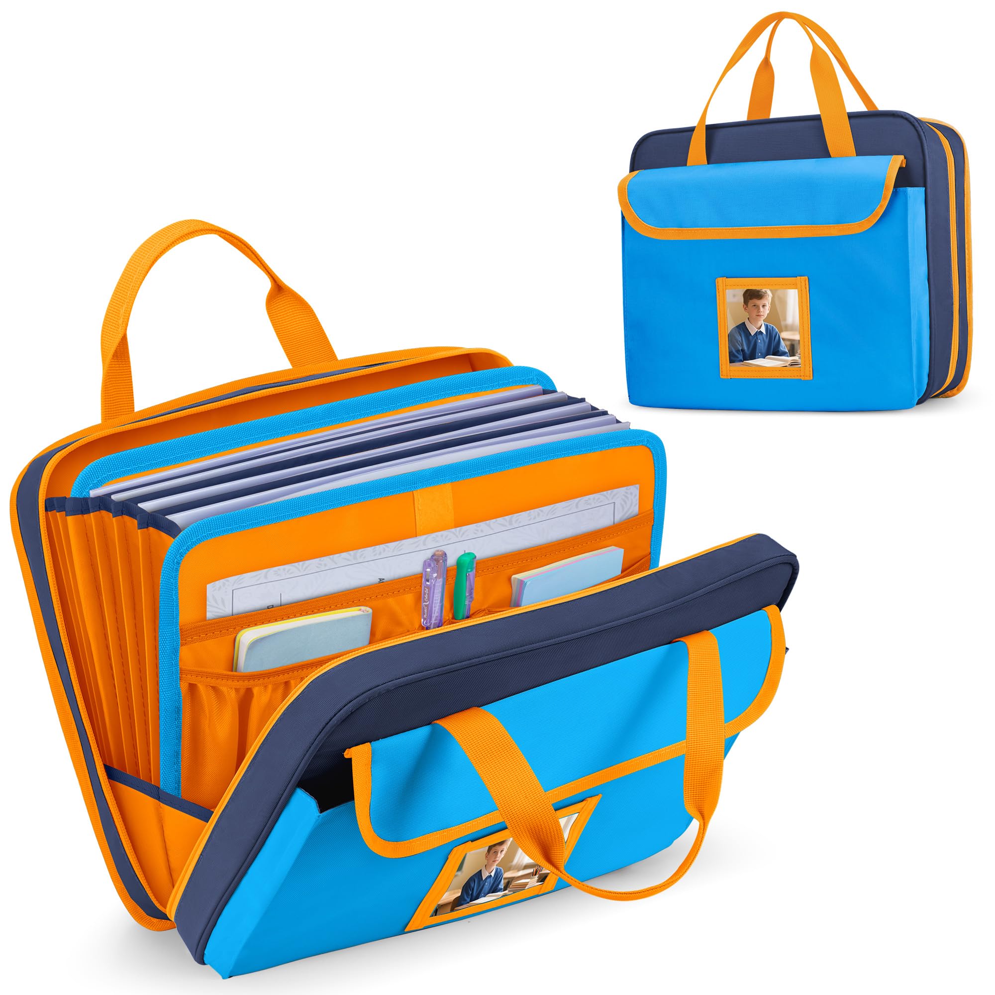 GRAOSO Zipper Document Bag for Boys and Girls, 9 Expandable Folders, Baby Portfolio Organizer Case with Customized Photo and Name Areas, Blue
