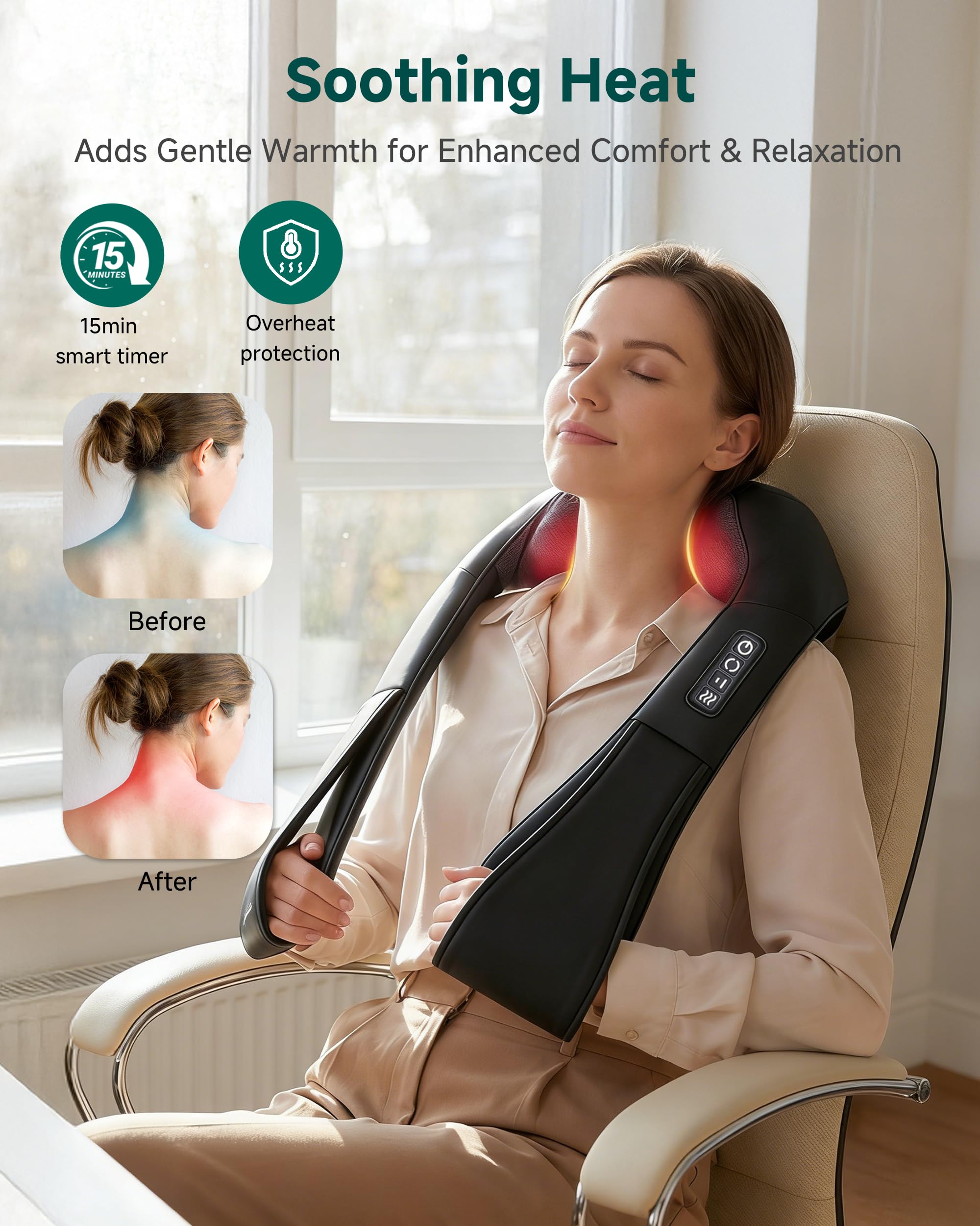 Snailax Shiatsu Neck and Shoulder Massager - Back Massager with Heat, Deep Kneading Electric Massage Pillow for Neck, Back, Shoulder,Foot,Body
