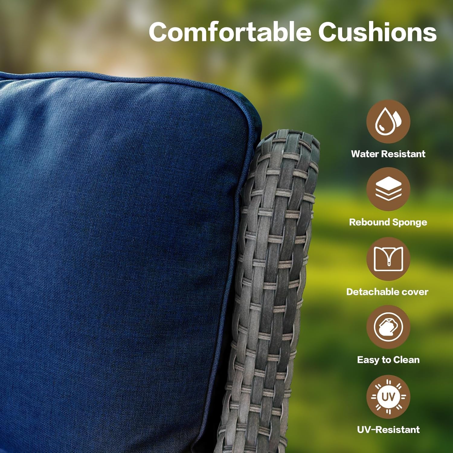 3 Pieces Patio Furniture Conversation Set PE Rattan Wicker Outdoor with 2 Armrest Chair and 1 Coffee Side Table, Soft Thick Washable Cushion for Yard Backyard Poolside Garden (Grey/Navy Blue)