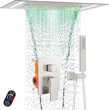 20x14-Inch Luxury LED Spa Shower System Rainfall Waterfall 2 Modes Showerhead with Remote Control, 3 Way Mixer Valve, Brushed Nickel