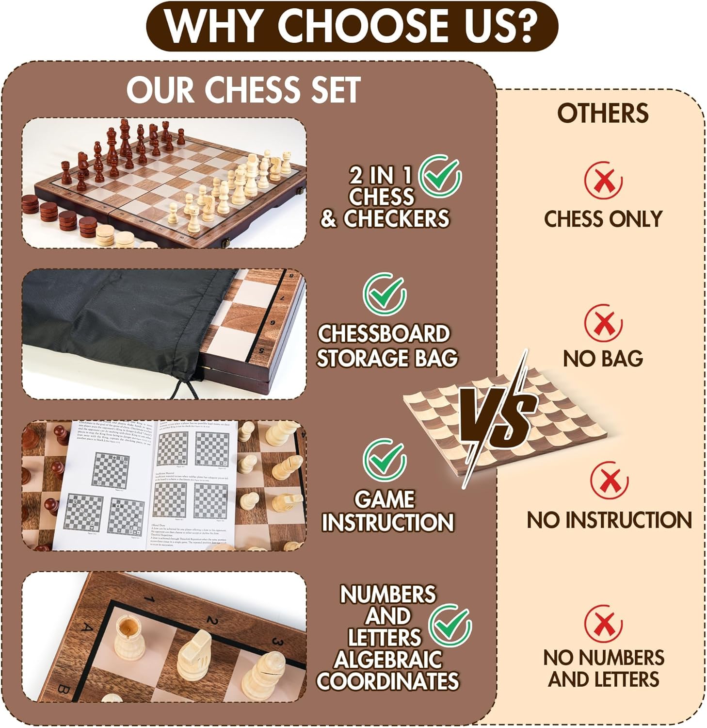 2 in 1 Magnetic Wooden Chess Set & Checkers Board Game, 15’’ Folding Chess Board with Pieces Storage Slots, 2 Extra Queens, Portable Travel Chess Set for Kids Adults Beginner Age 3+ - Image 6