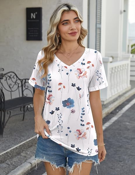 Zeagoo Camiseta Mujer Manga Corta Cuello V Camisetas Verano Elegante Blusa Holgada Camisas Basica T-Shirt Top S-XXL - 4