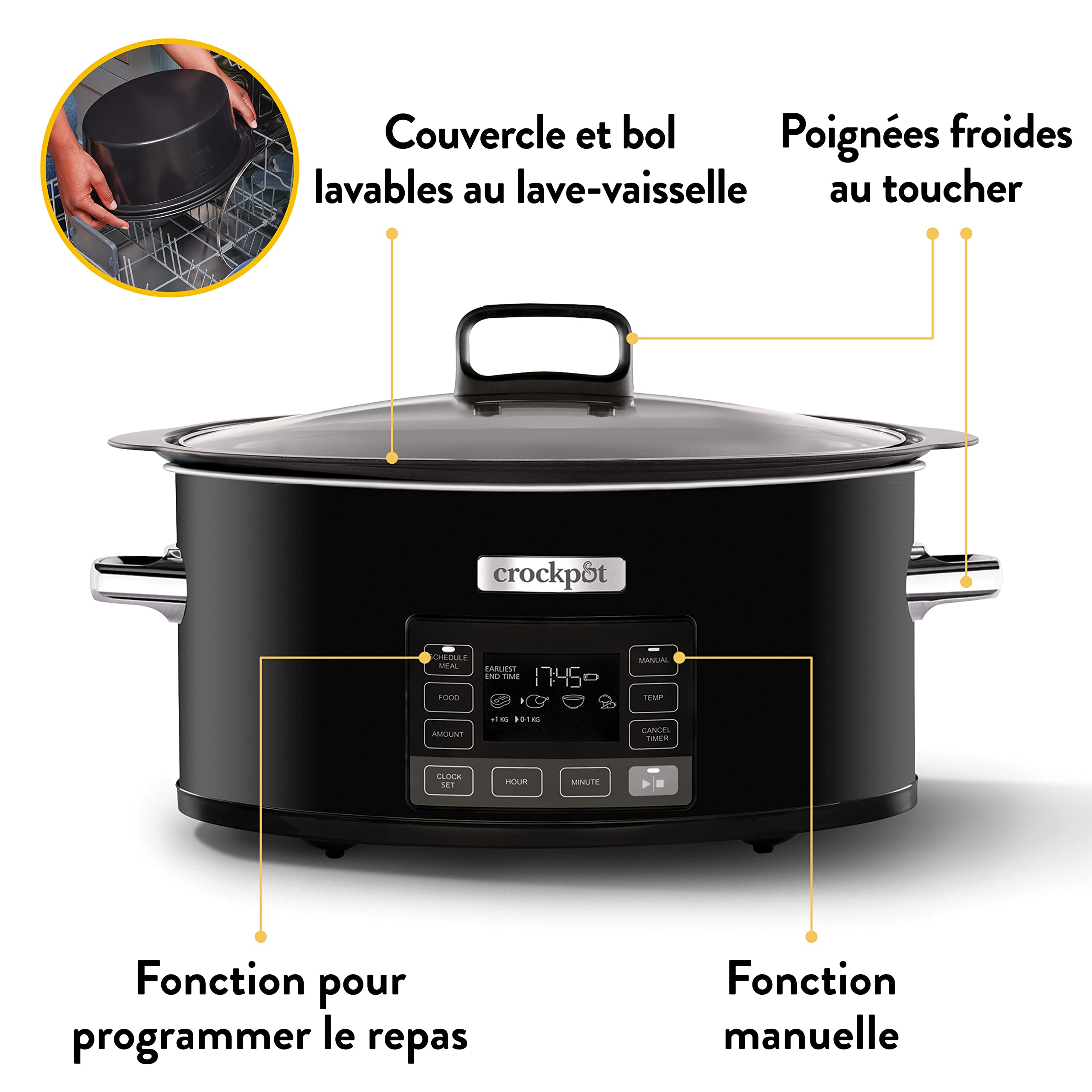 Crockpot TimeSelect CSC093X Mijoteuse | Affichage numérique programmable | 5,6 l (7 personnes et plus) | insert amovible adapté aux plaques de cuisson pour rôtir la viande et les légumes | Noir