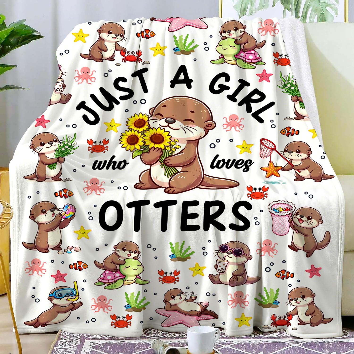 Sea Otter Blanket Gifts for Women Otter Lovers Just A Girl Who Loves Otters Throw Blankets Flannel Sea Otters Stuff Animal Themed Gifts for Girls Kids Adults Birthday Room Decor 50"X40" - Image 2