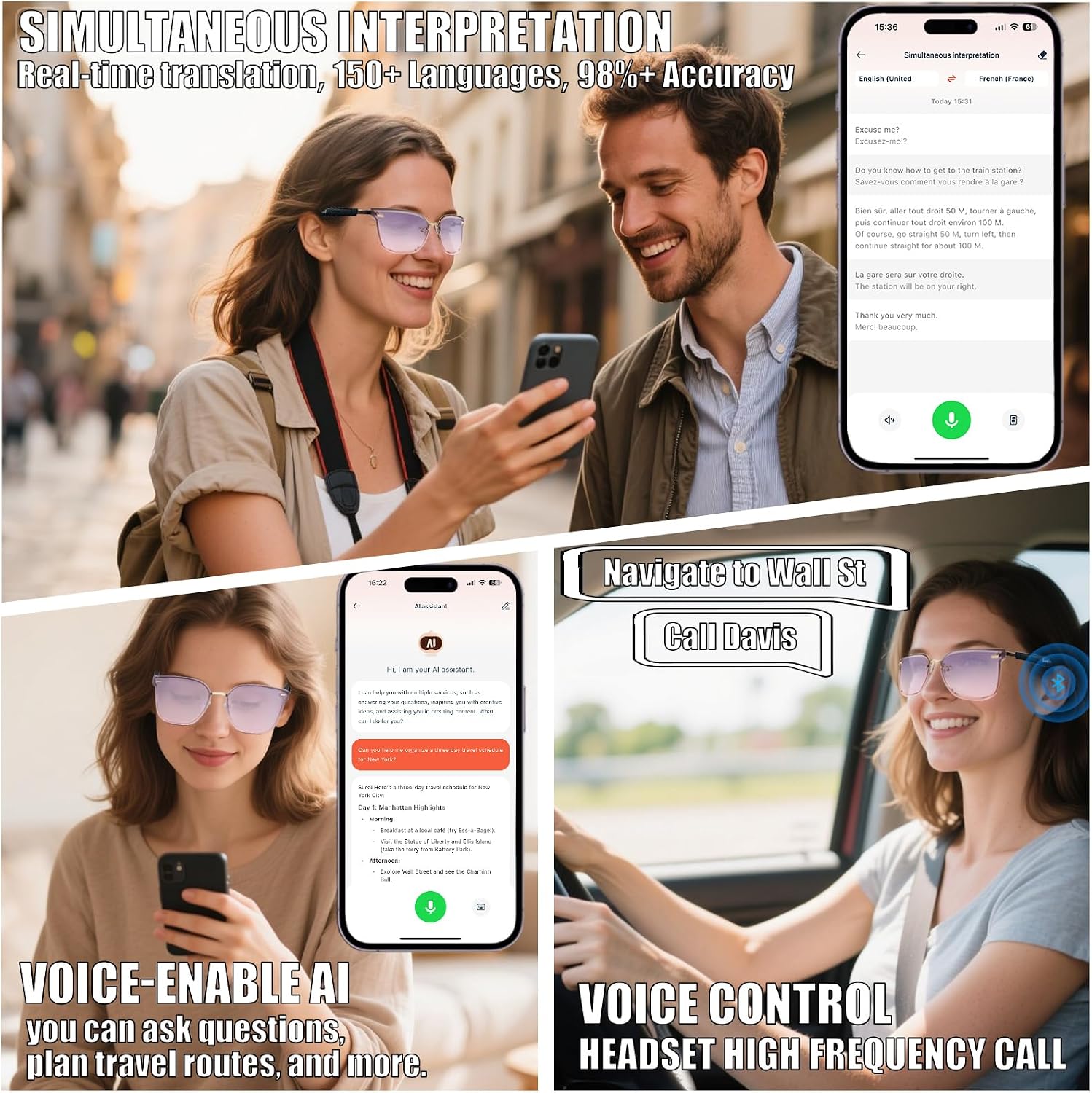 Bluetooth Sunglasses for Women Smart Glasses, AI Interpreter 150+ Languages Real-Time, Oval Frame IPX7 Waterproof, Open-Ear HI-FI Audio Calls Music, for Vacation Travel Gift for Her