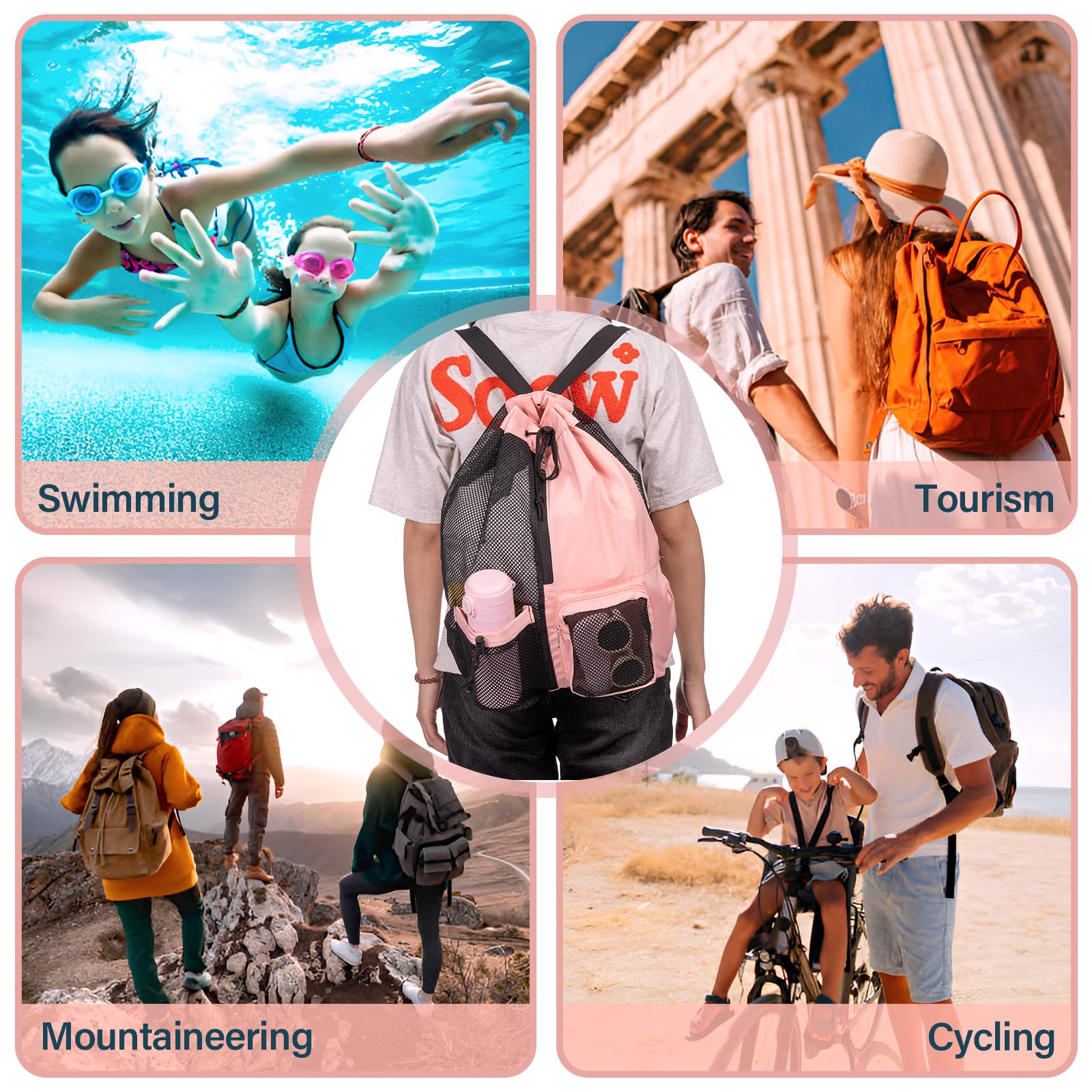Sac Piscine Résistant à l'eau Sac Cordon Séparation Humide et Sèche, Sac de Sport en Maille Sac à Dos Sportif pour La Natation, Sacs à Dos pour Enfants Adultes Natation Gym Plage Sport