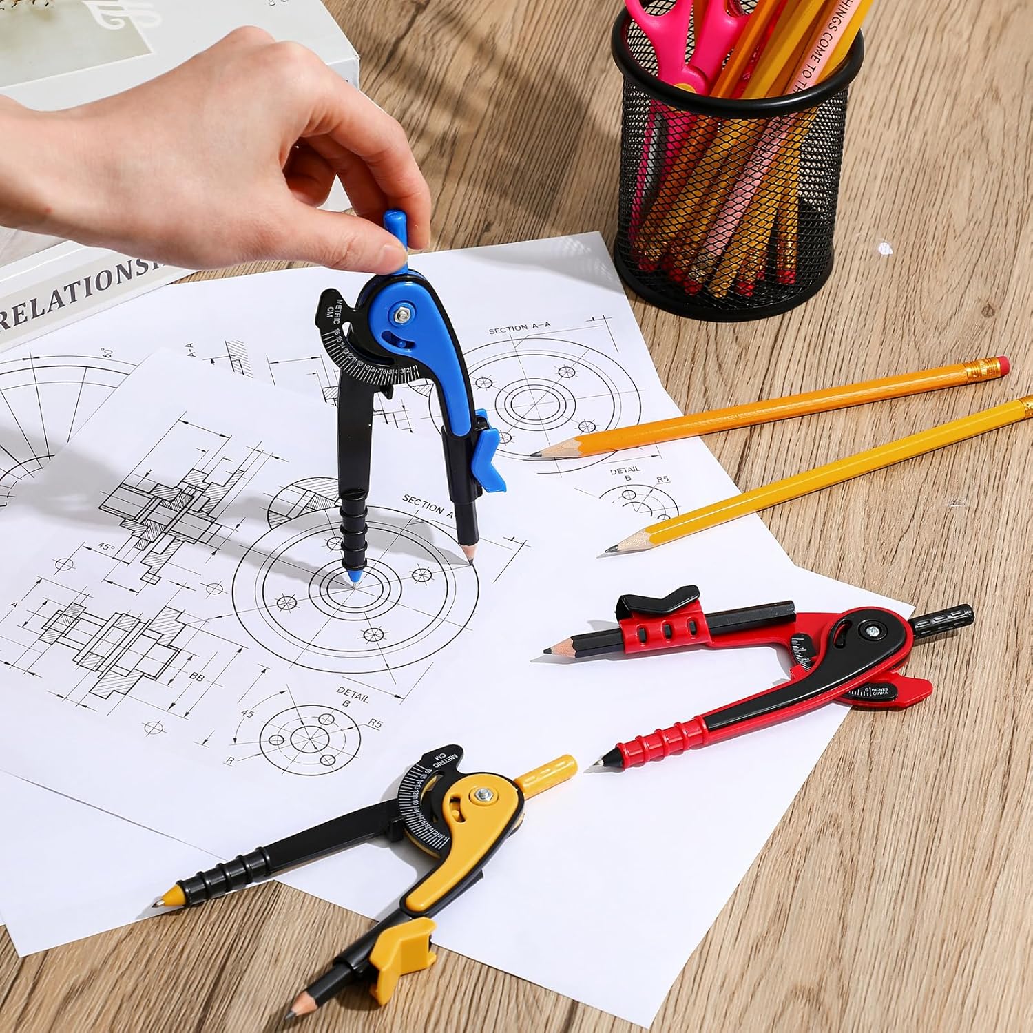 Chengu 48 Pcs Student Math Geometry Compass Tool Classroom Set Bulk 6 Inch Colored Plastic Drawing Compass with Pencils Back to School Supplies for School Office Home (Dark Color)
