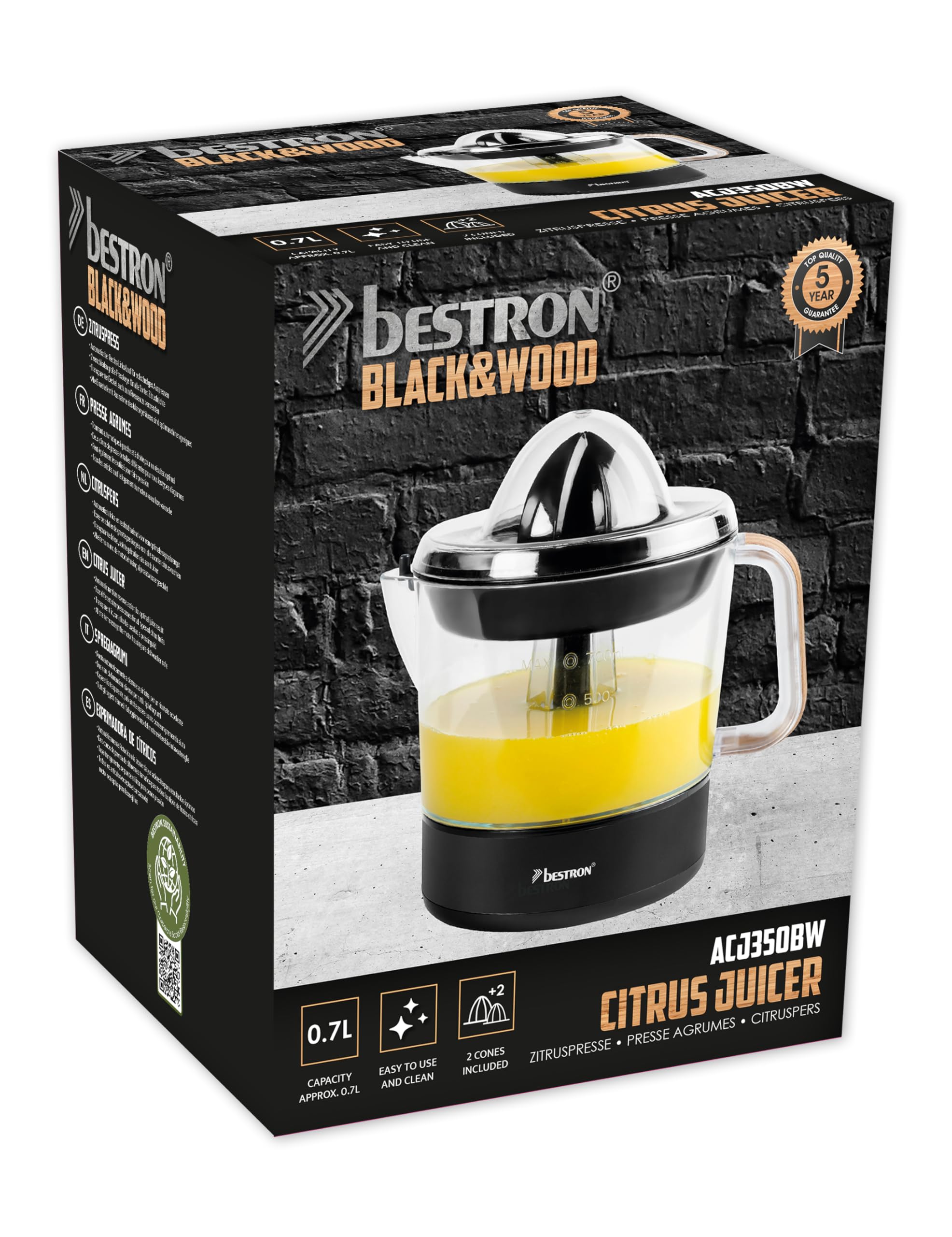 Bestron Spremiagrumi elettrico e arancia, con 2 coni di pressione e coperchio dell'aroma, motore con due direzioni di rotazione (sinistra/destra), capacità: 0,7 litri, collezione Black & Wood, colore: