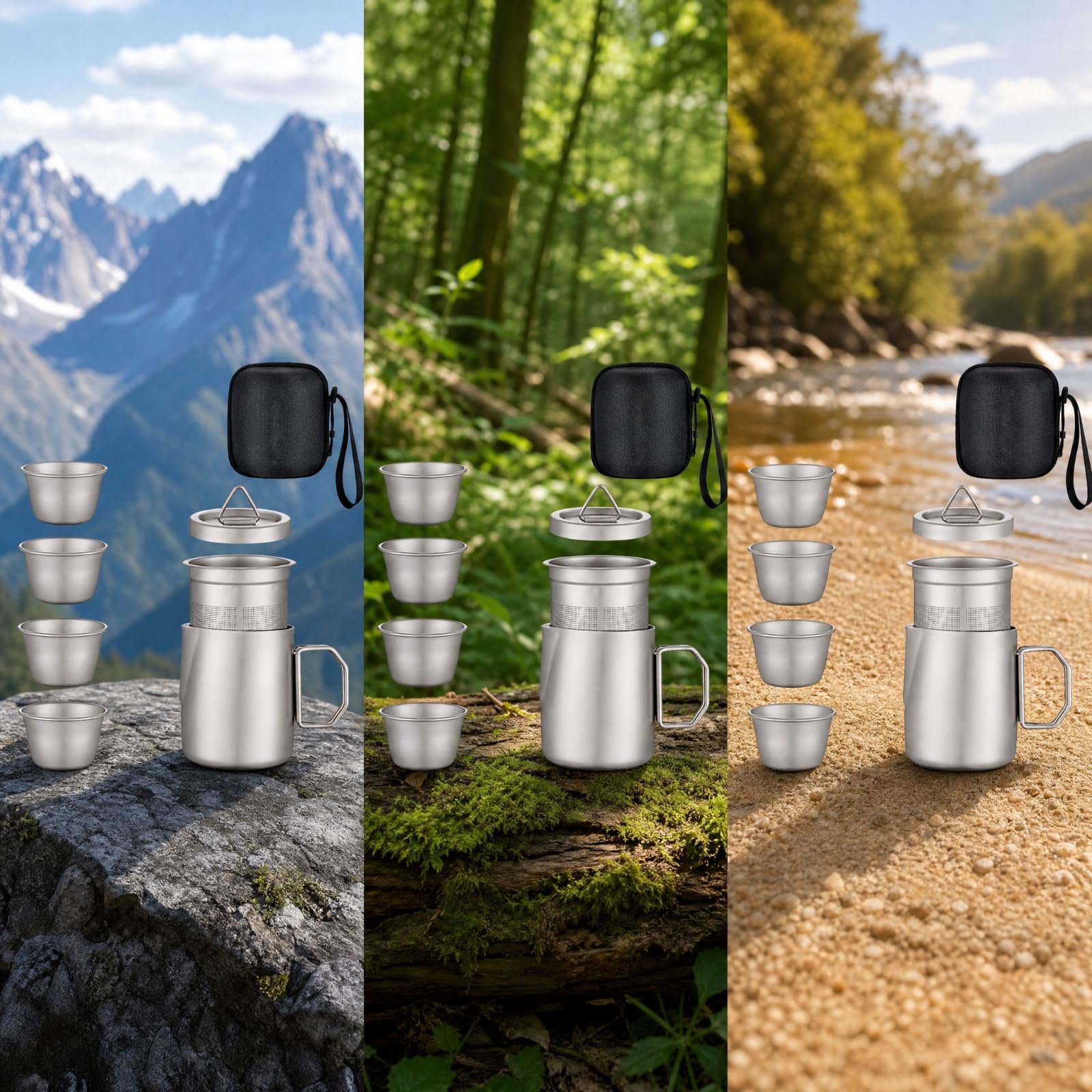 Set da Tè con Teiera e Filtro in Rete Durevole Kit da Tè con Custodia Rigida e Tracolla Elegante Stoviglie per Campeggio