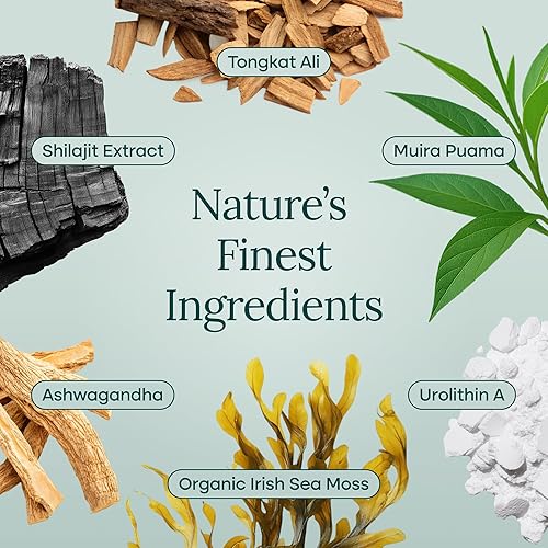 Miniatura 8 de Complejo juvenil de urolitina-A con shilajit, musgo marino orgánico, Ashwagandha y Tongkat Ali, energía natural, libido, equilibrio hormonal y